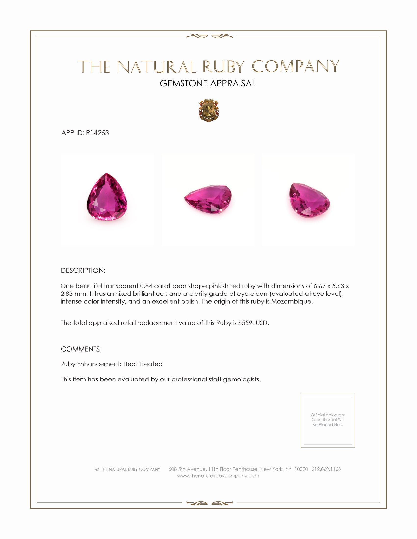 0.84 Ct. Ruby from Mozambique