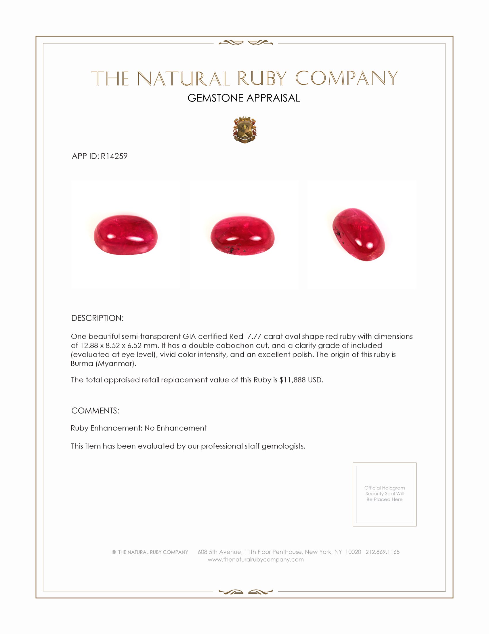 7.77 Ct. Cabochon Ruby from Burma (Myanmar)