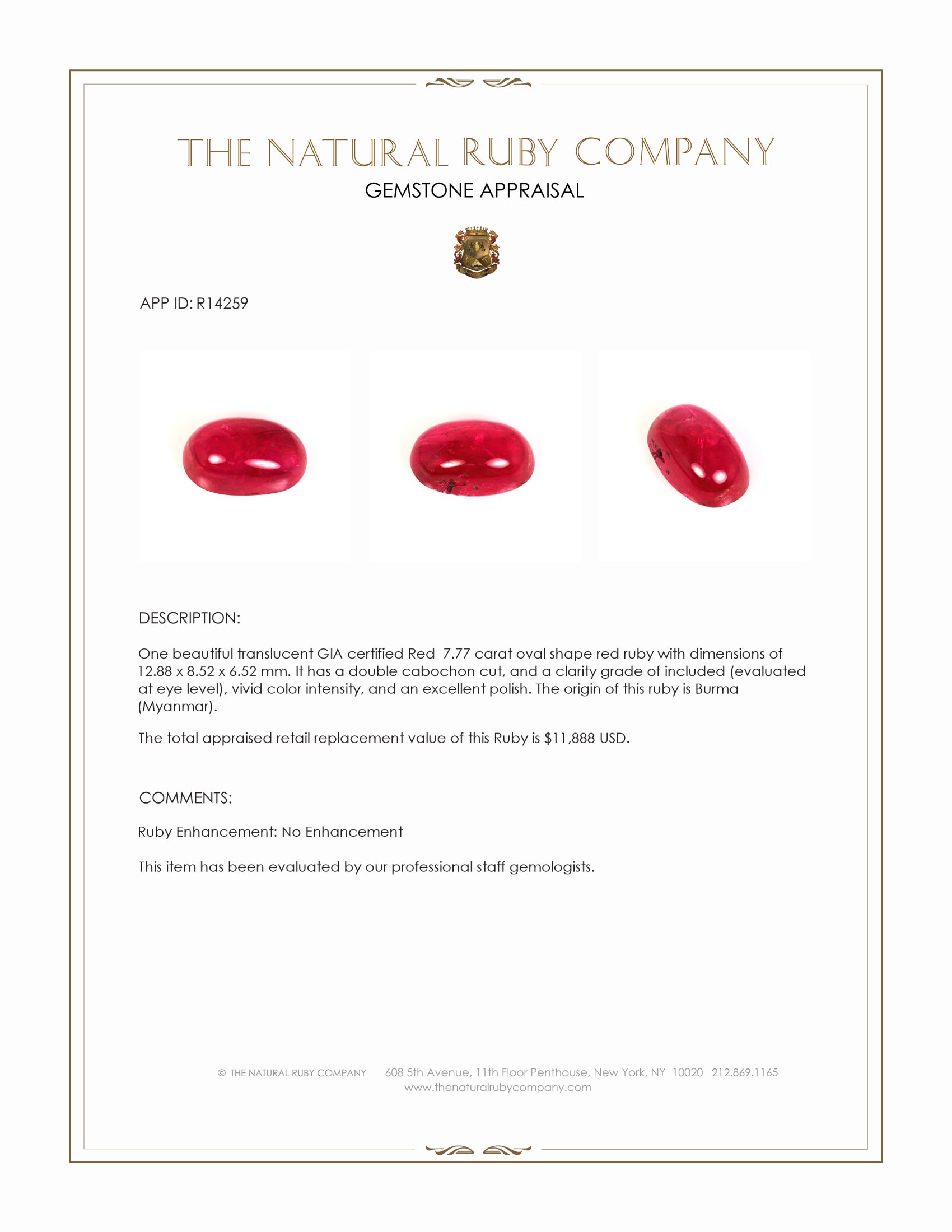 7.77 Ct. Cabochon Ruby from Burma (Myanmar)