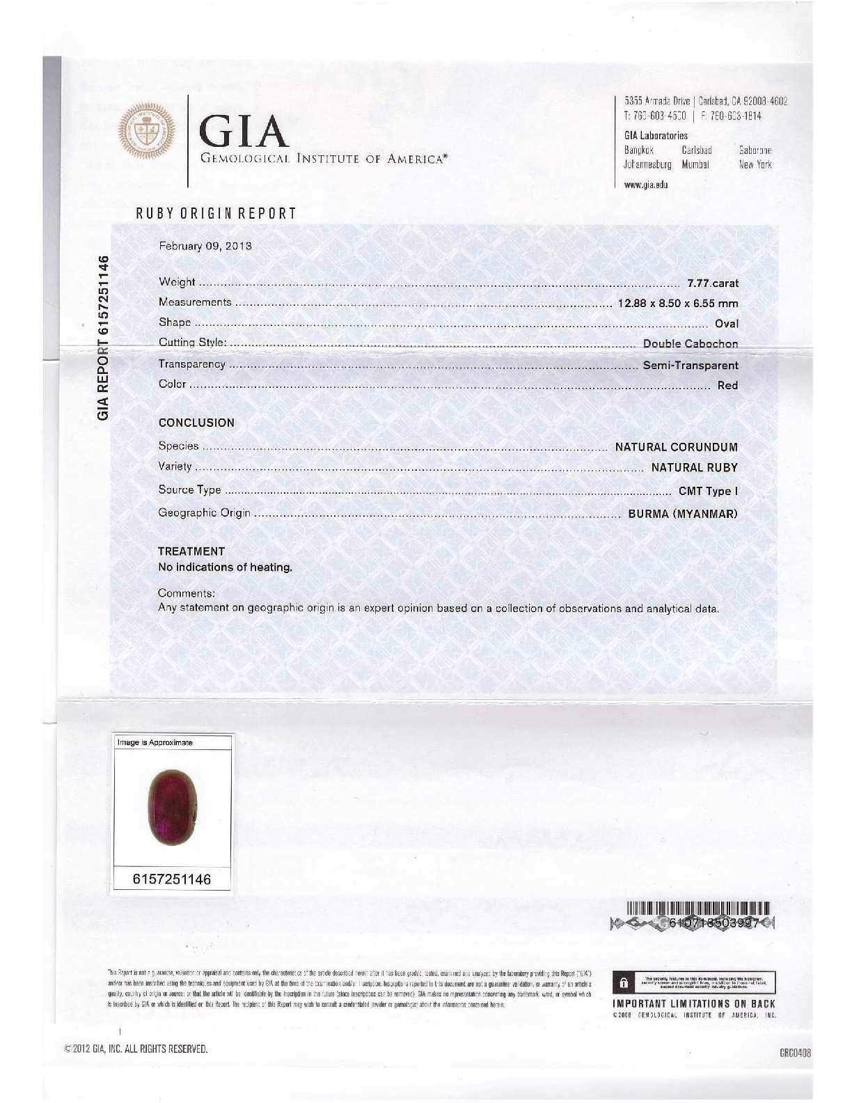 7.77 Ct. Cabochon Ruby from Burma (Myanmar)