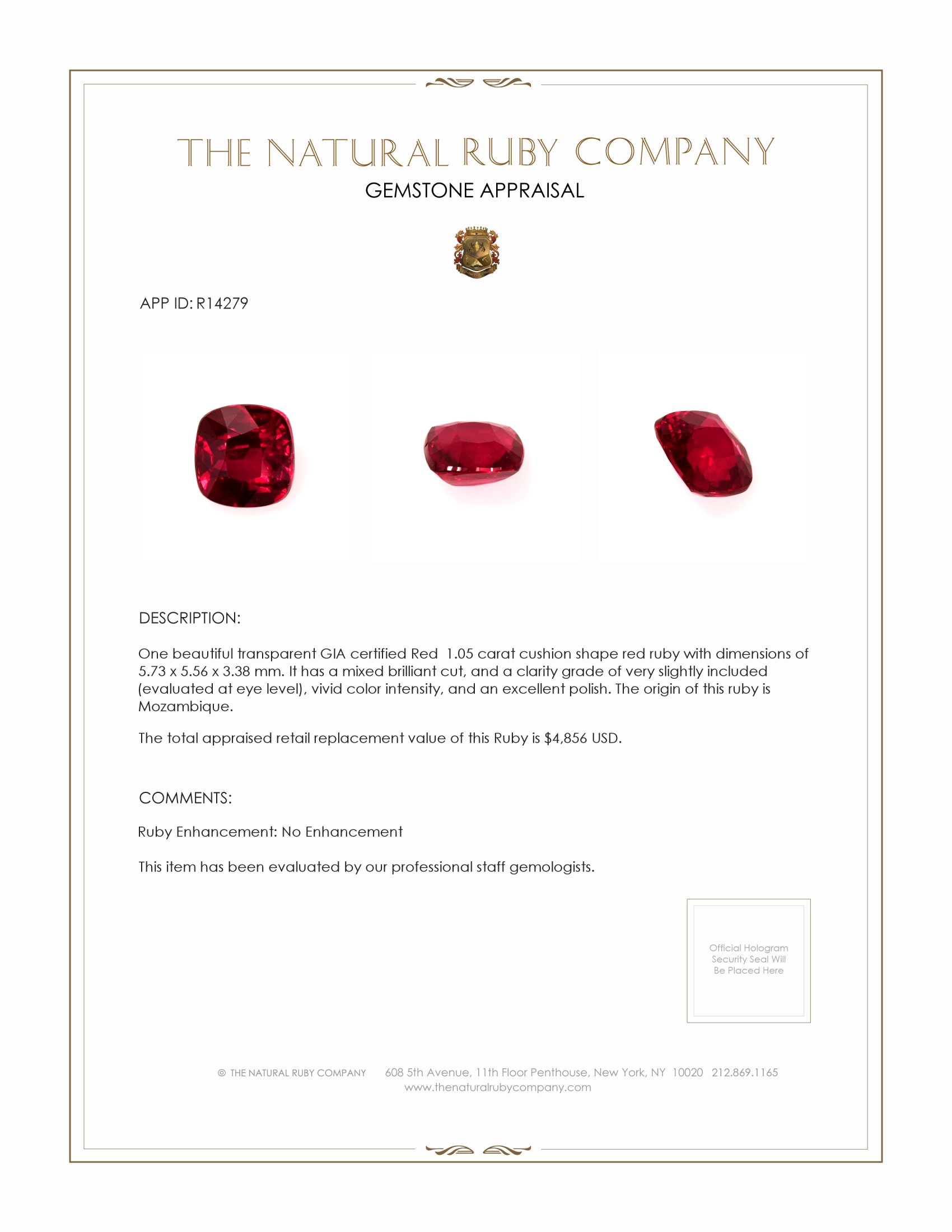 1.05 Ct. Ruby from Mozambique