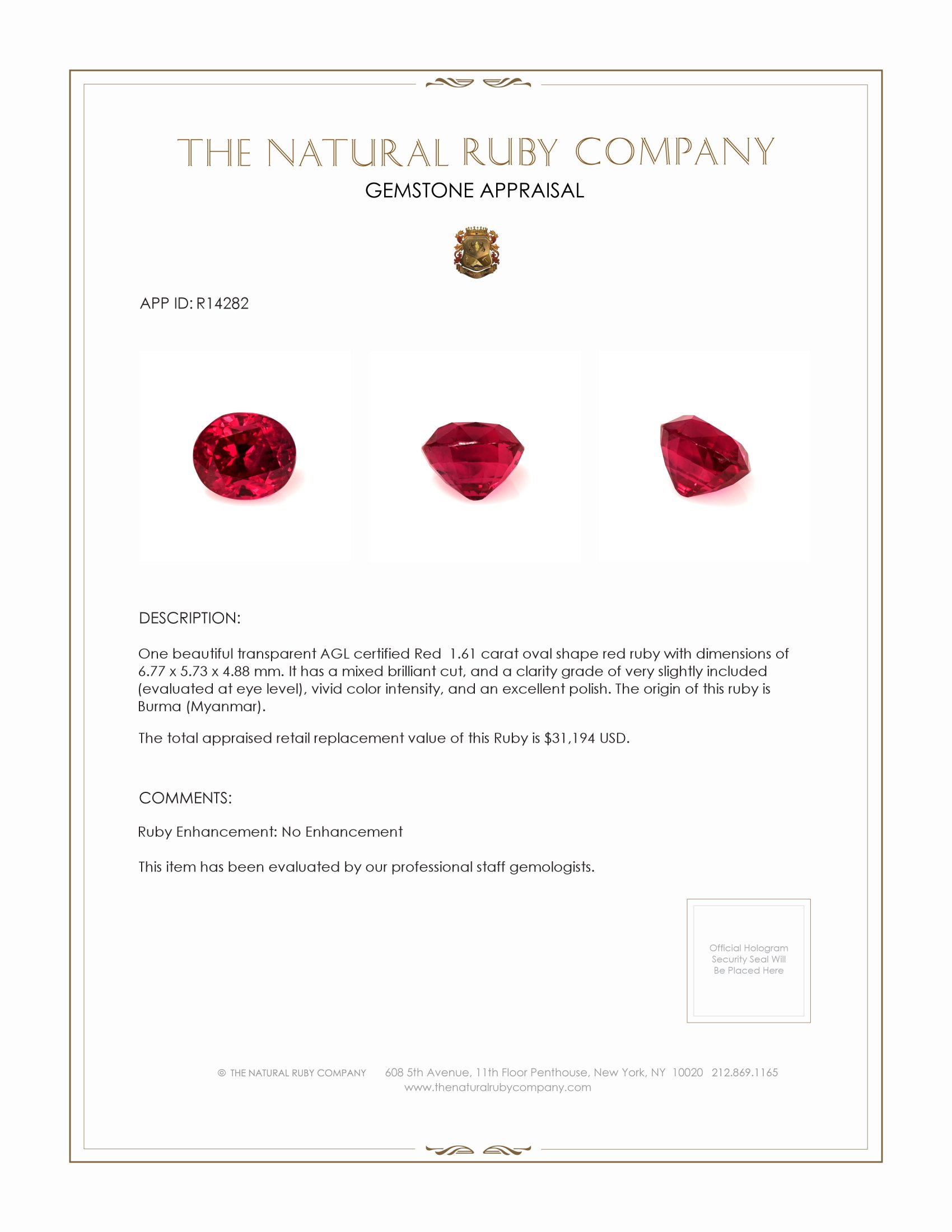 1.61 Ct. Ruby from Burma (Myanmar)