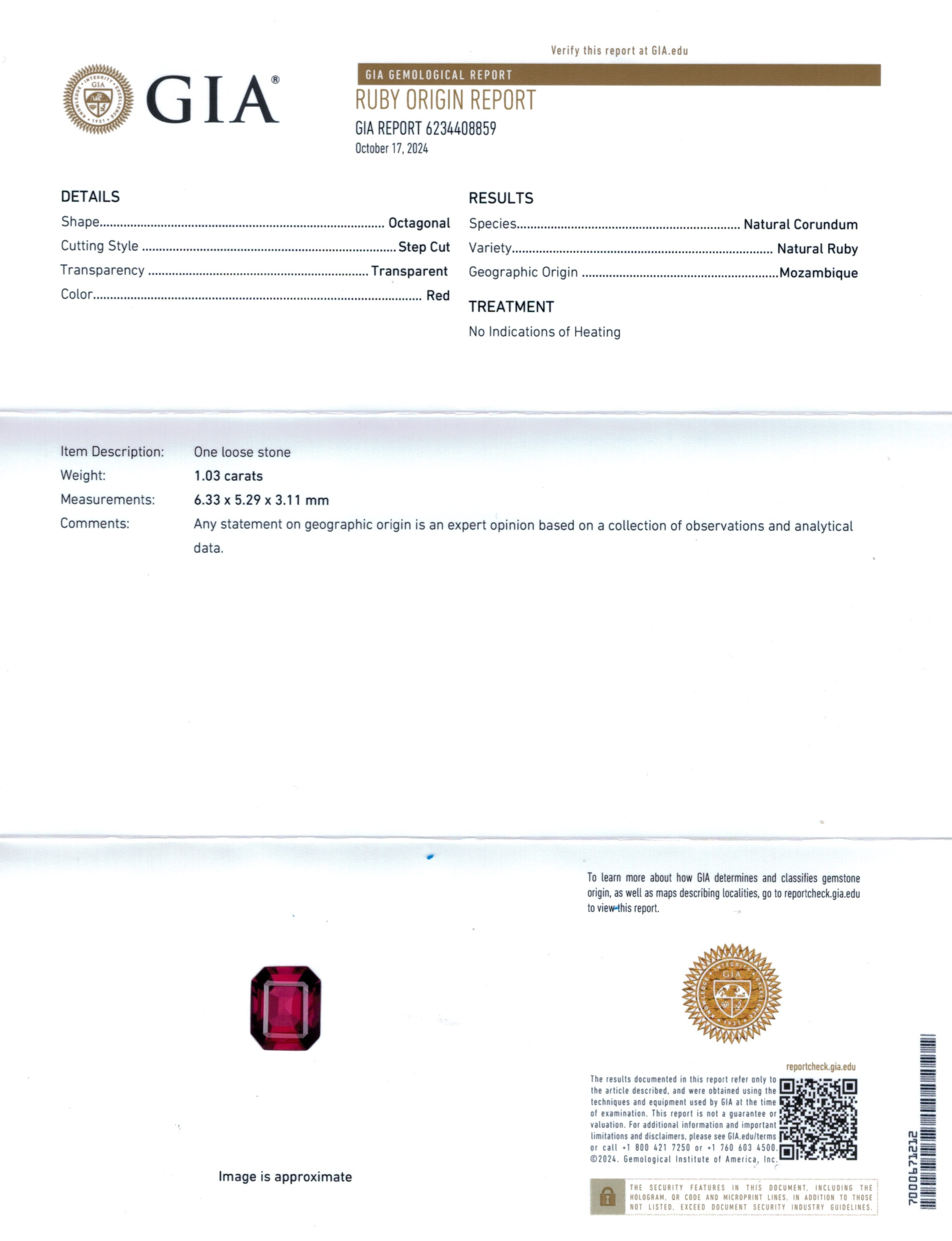 1.03 Ct. Ruby from Mozambique