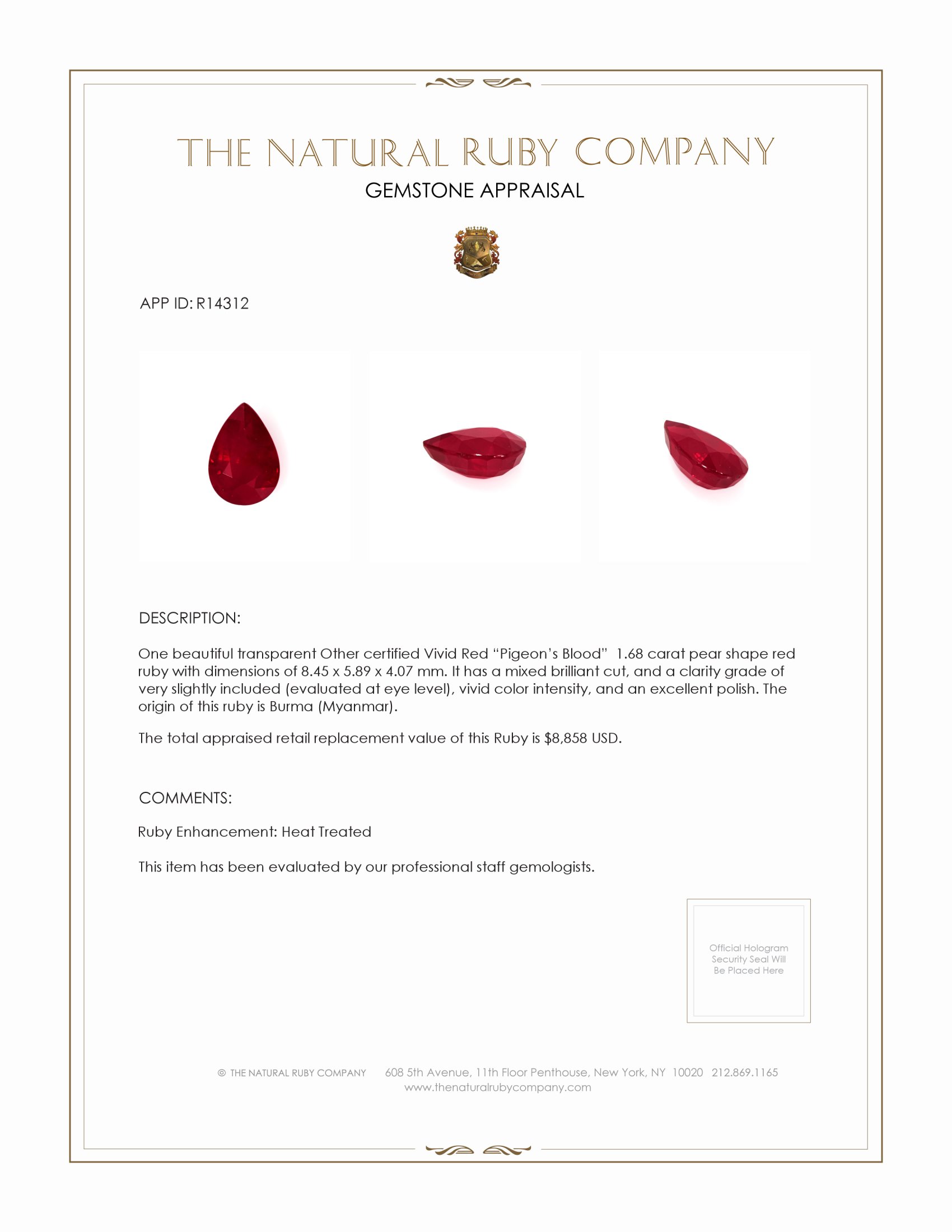 1.68 Ct. Ruby from Burma (Myanmar)