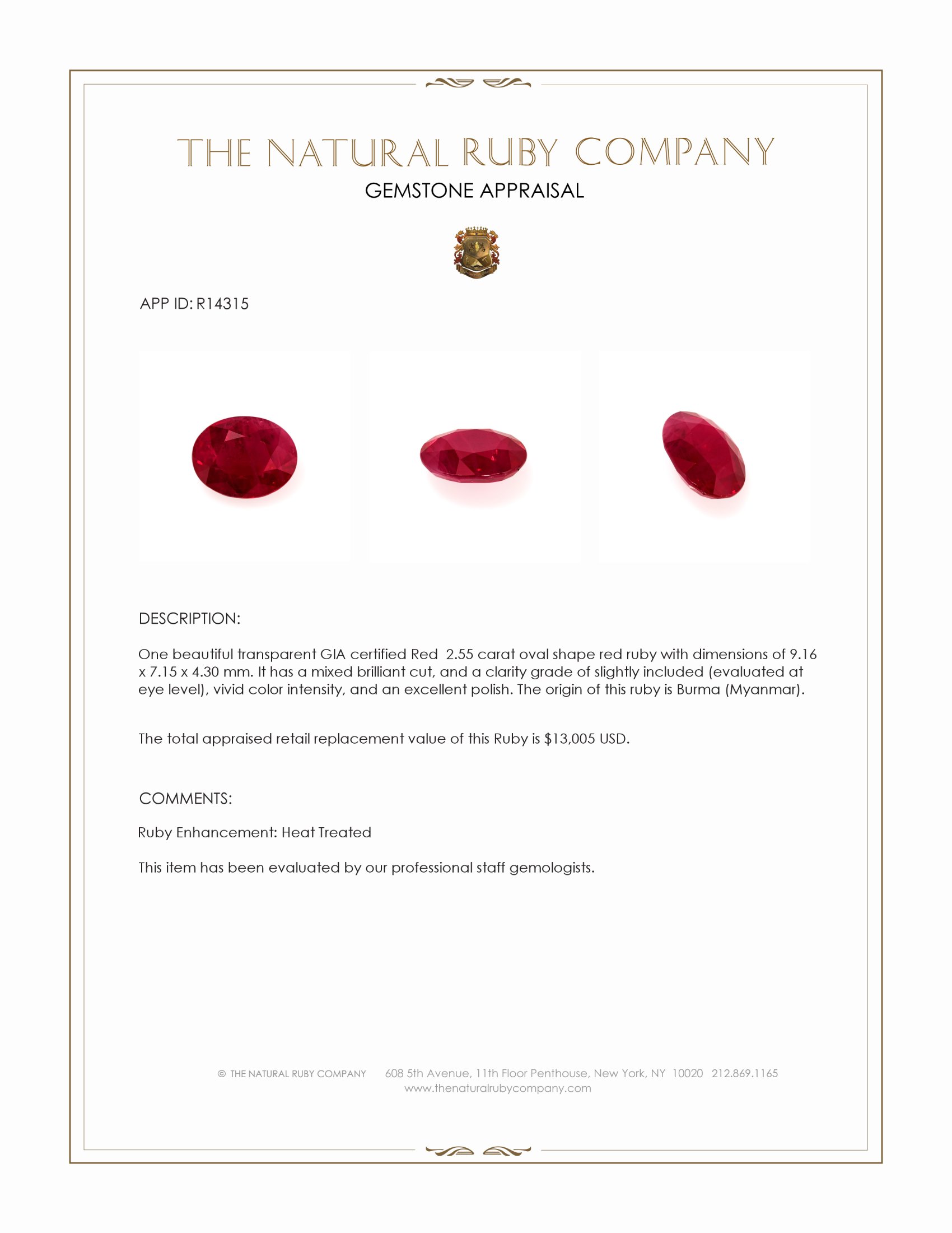 2.55 Ct. Ruby from Burma (Myanmar)