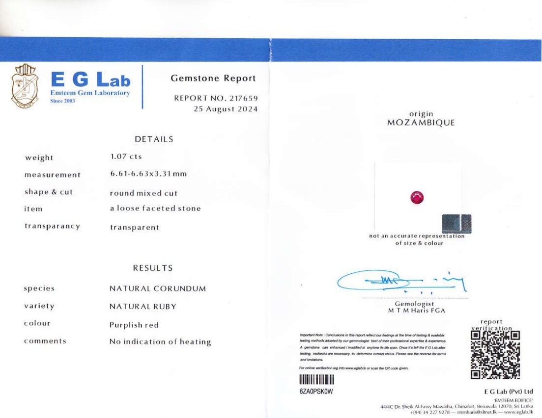 1.07 Ct. Ruby from Mozambique