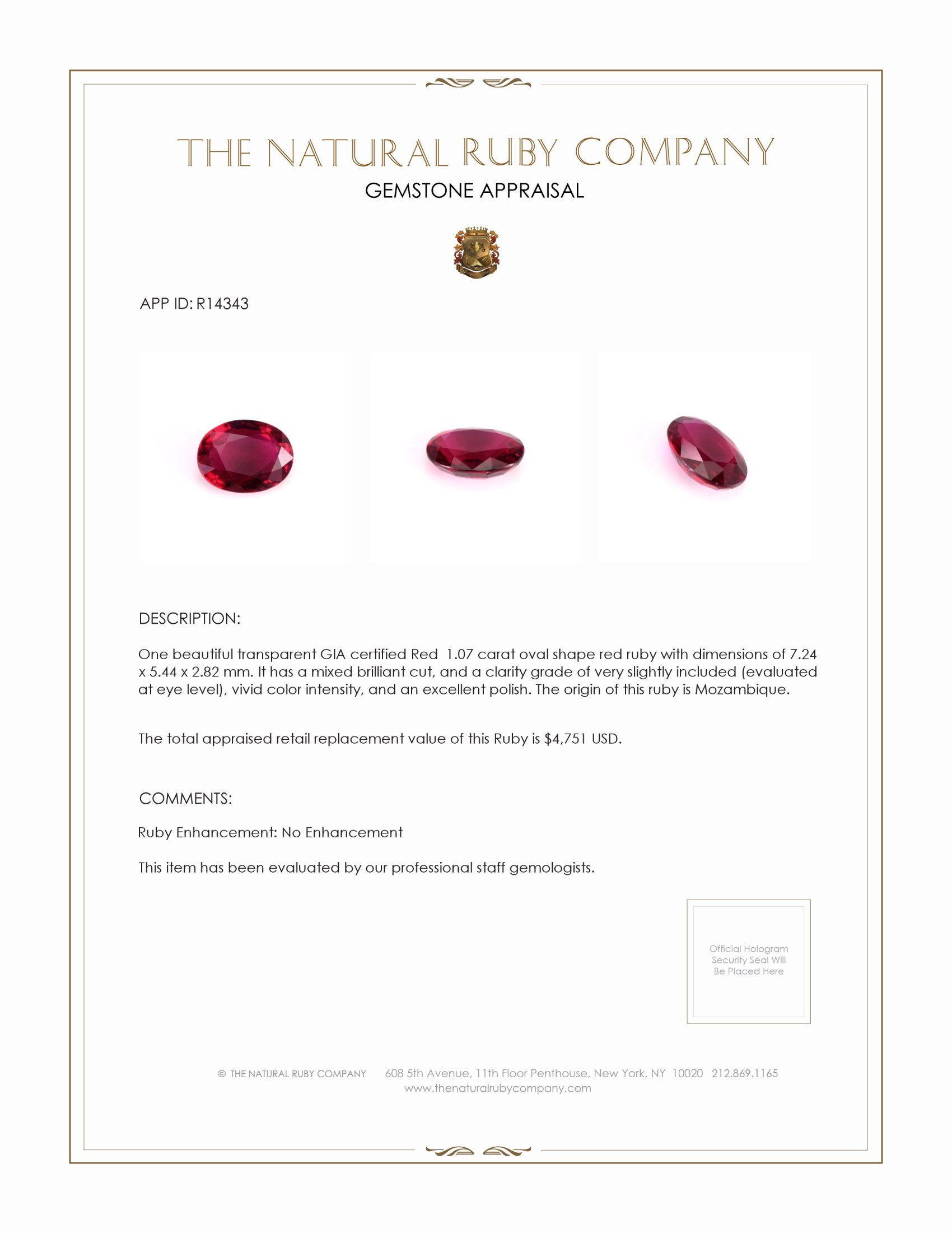 1.07 Ct. Ruby from Mozambique