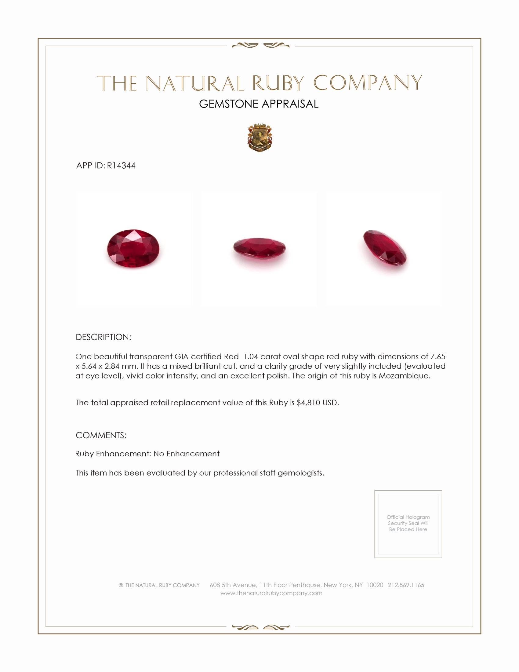 1.04 Ct. Ruby from Mozambique