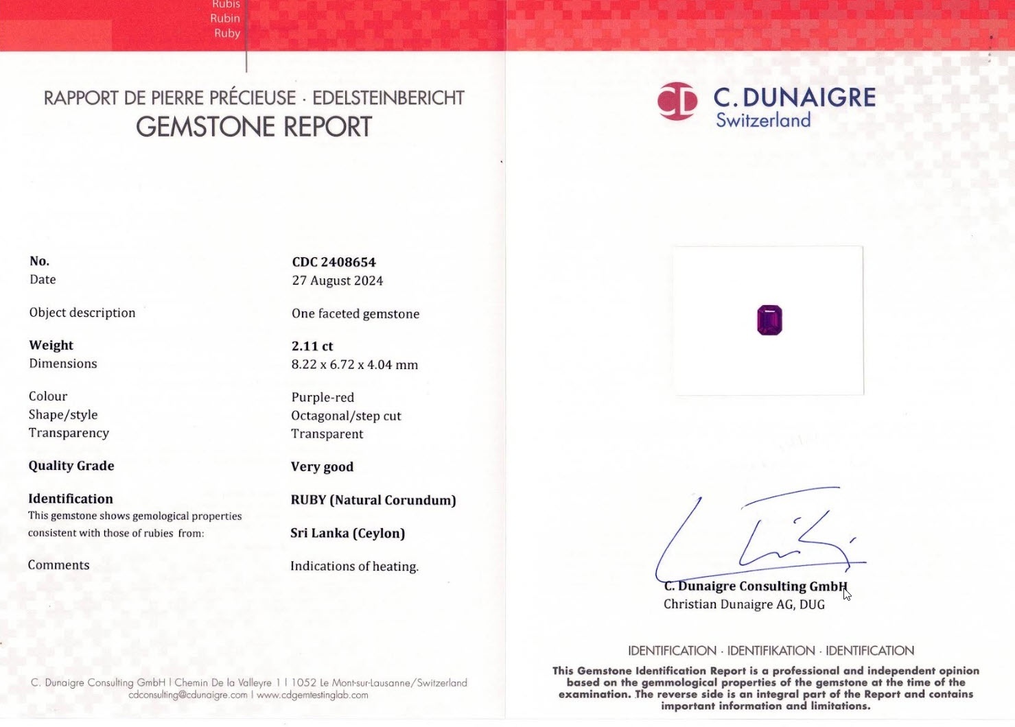 2.11 Ct. Ruby from Ceylon (Sri Lanka)