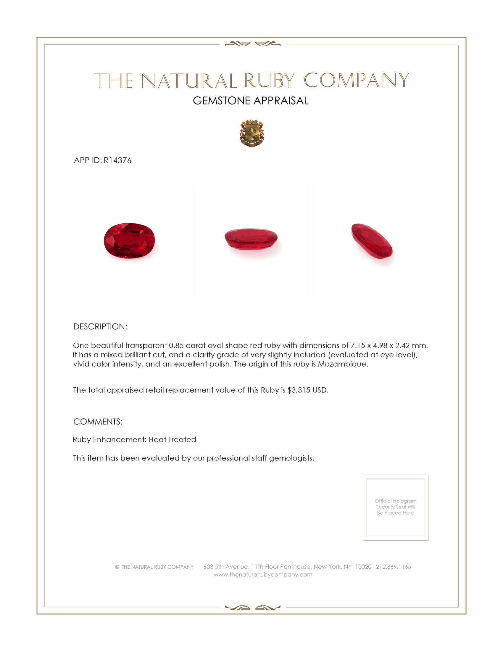 0.85 Ct. Ruby from Mozambique