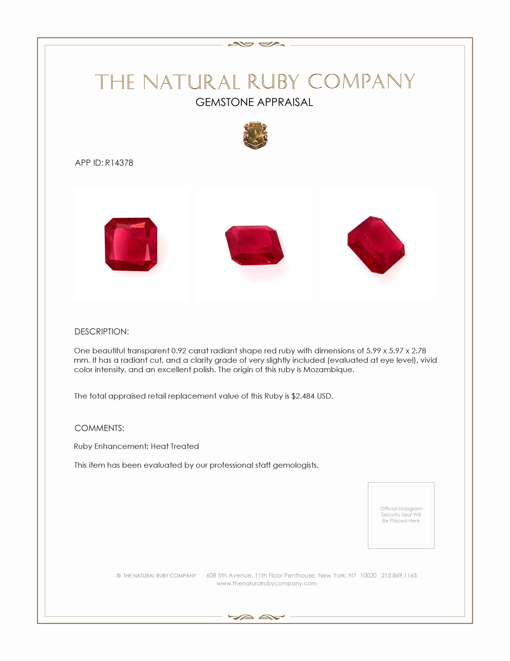 0.92 Ct. Ruby from Mozambique