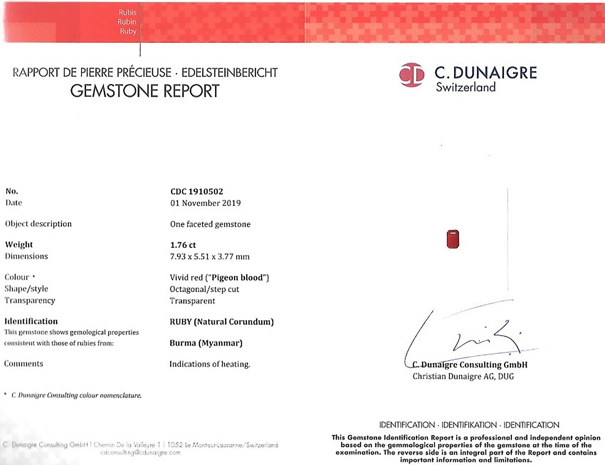 1.76 Ct. Ruby from Burma (Myanmar)
