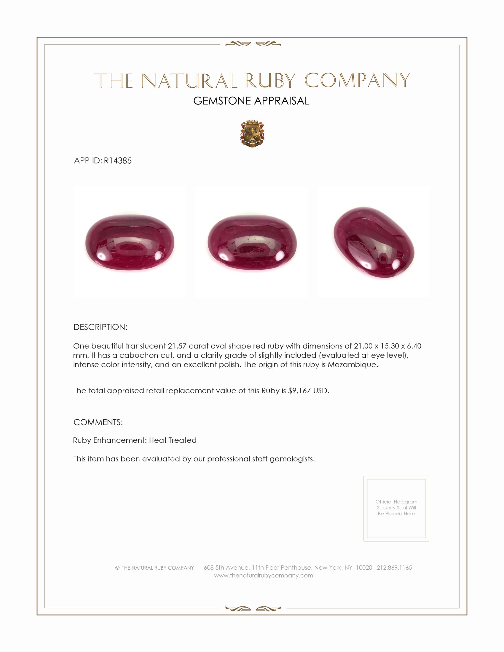 21.57 Ct. Cabochon Ruby from Mozambique