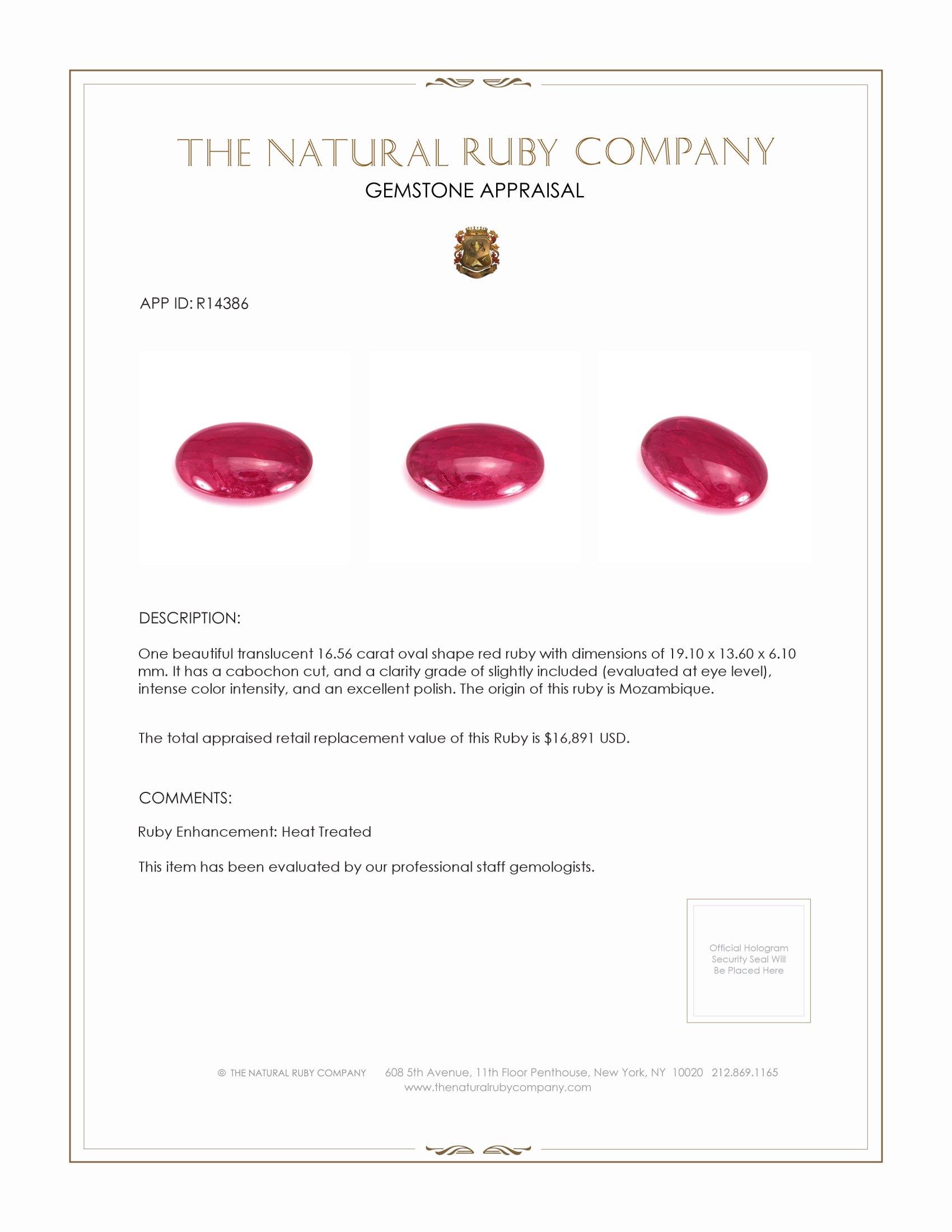 16.56 Ct. Cabochon Ruby from Mozambique