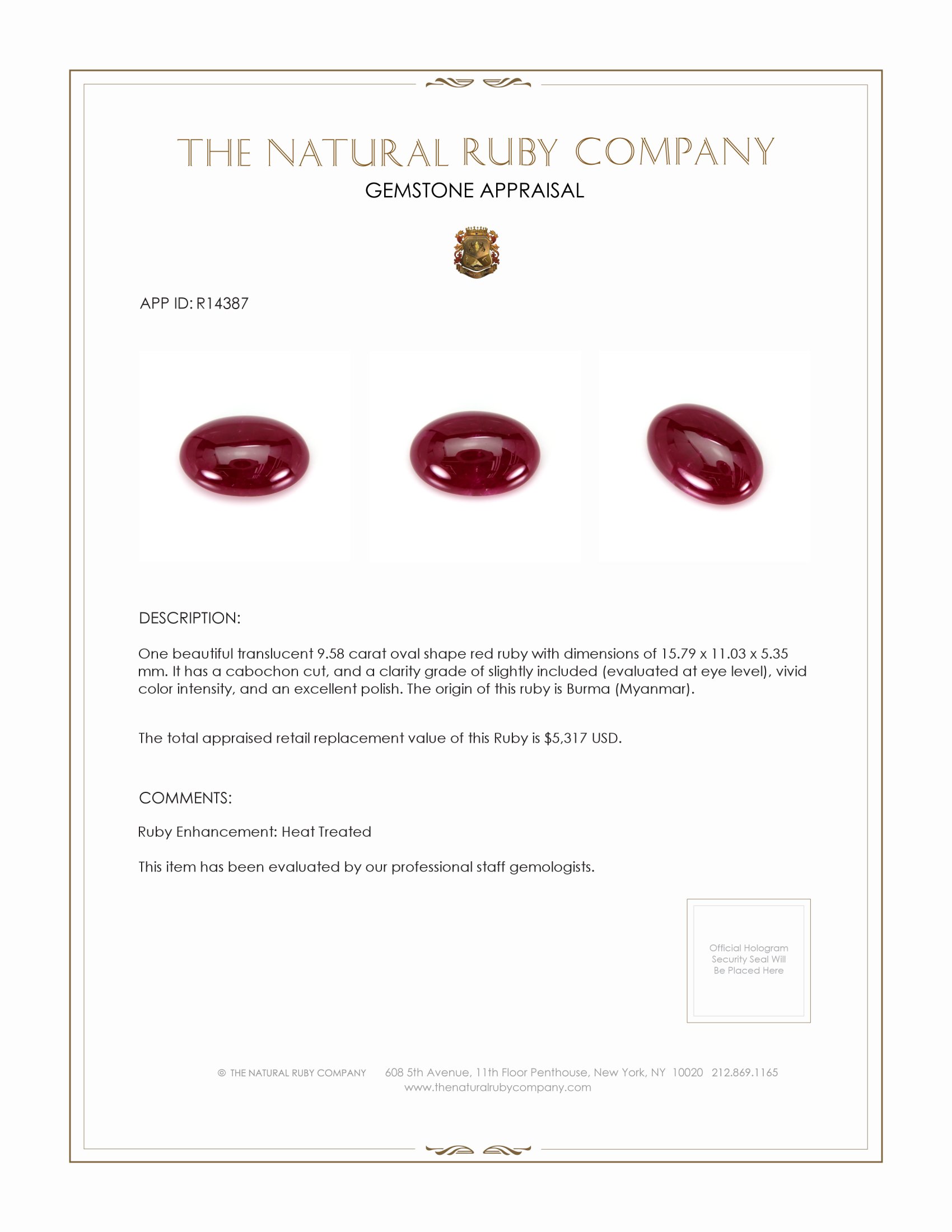 9.58 Ct. Cabochon Ruby from Burma (Myanmar)