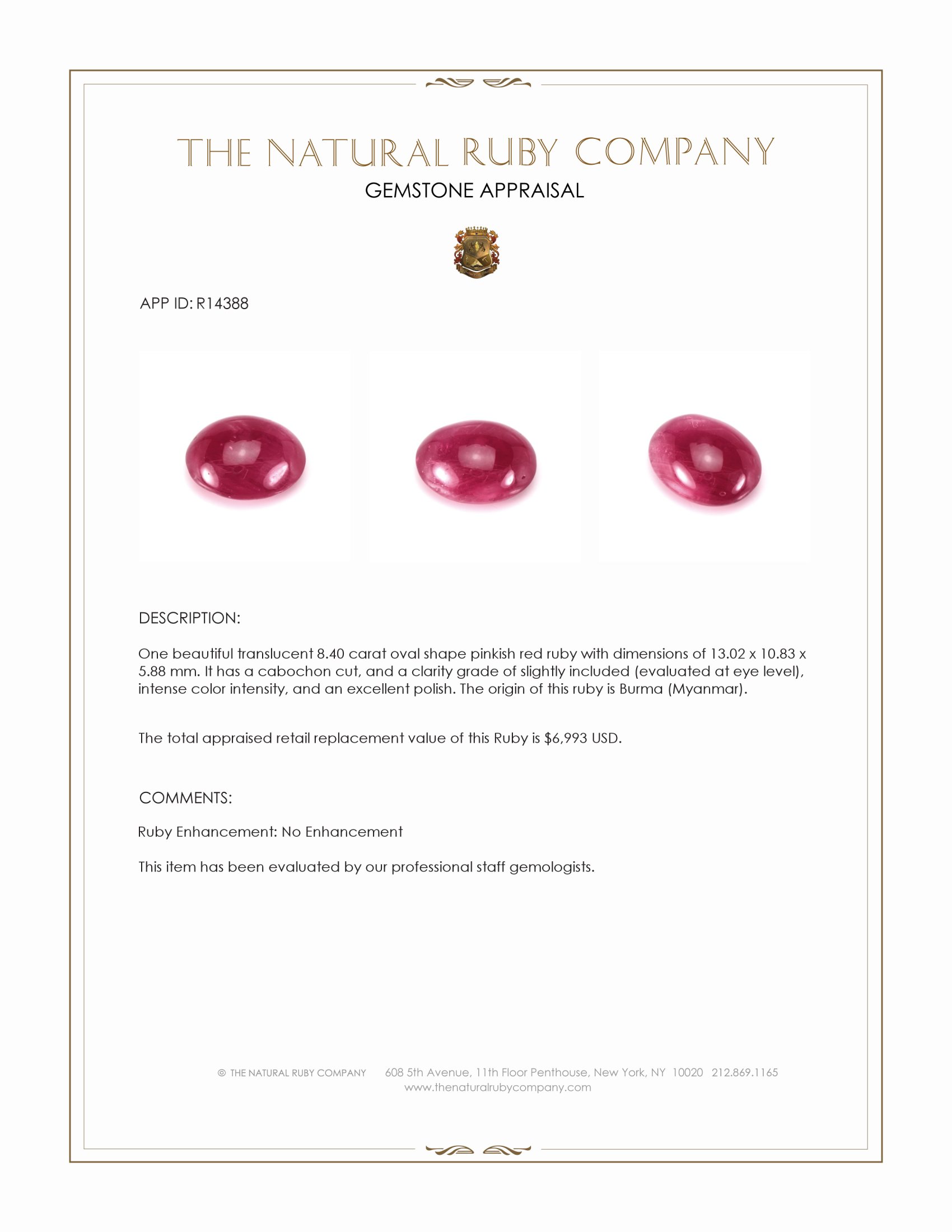 8.40 Ct. Pinkish Red Cabochon Ruby from Burma (Myanmar)