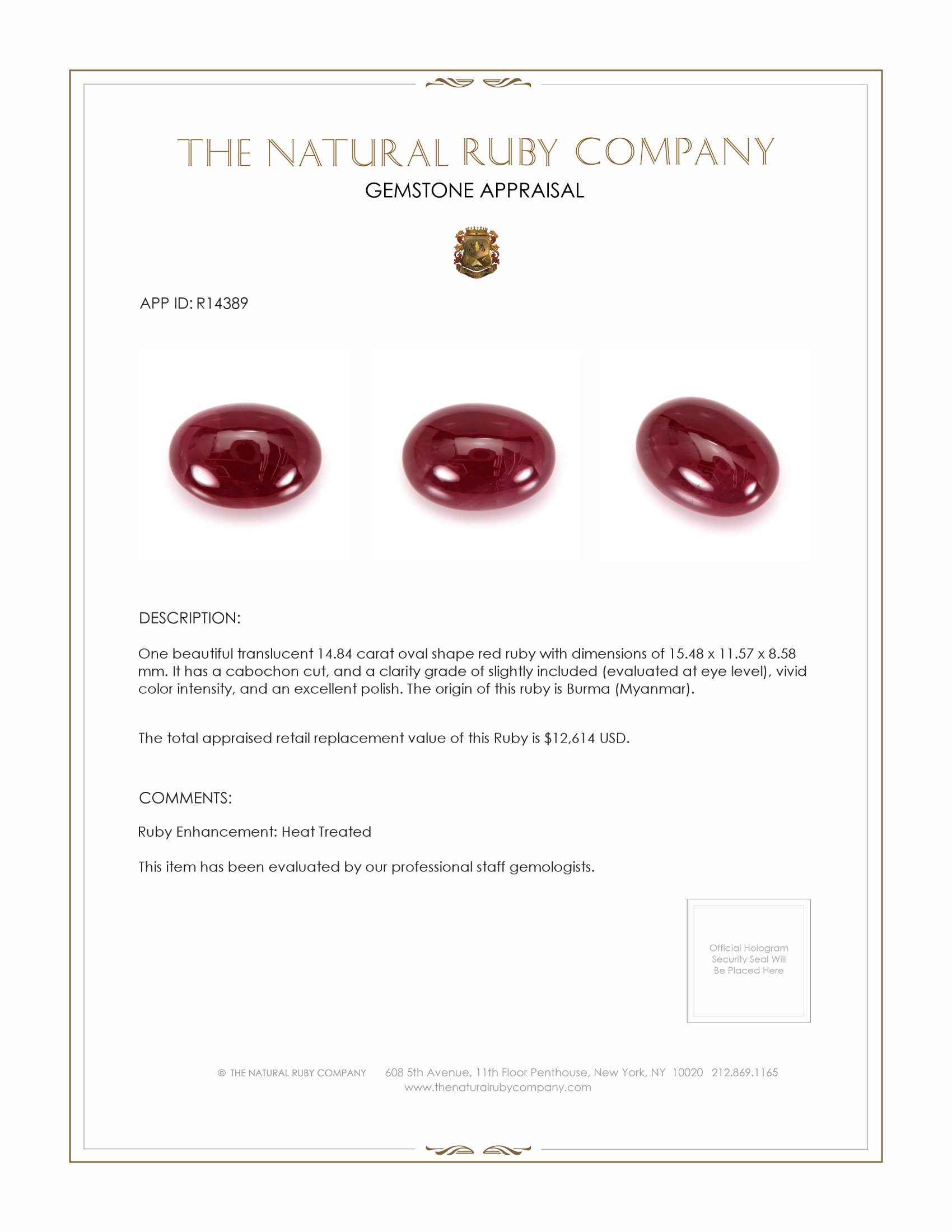 14.84 Ct. Cabochon Ruby from Burma (Myanmar)