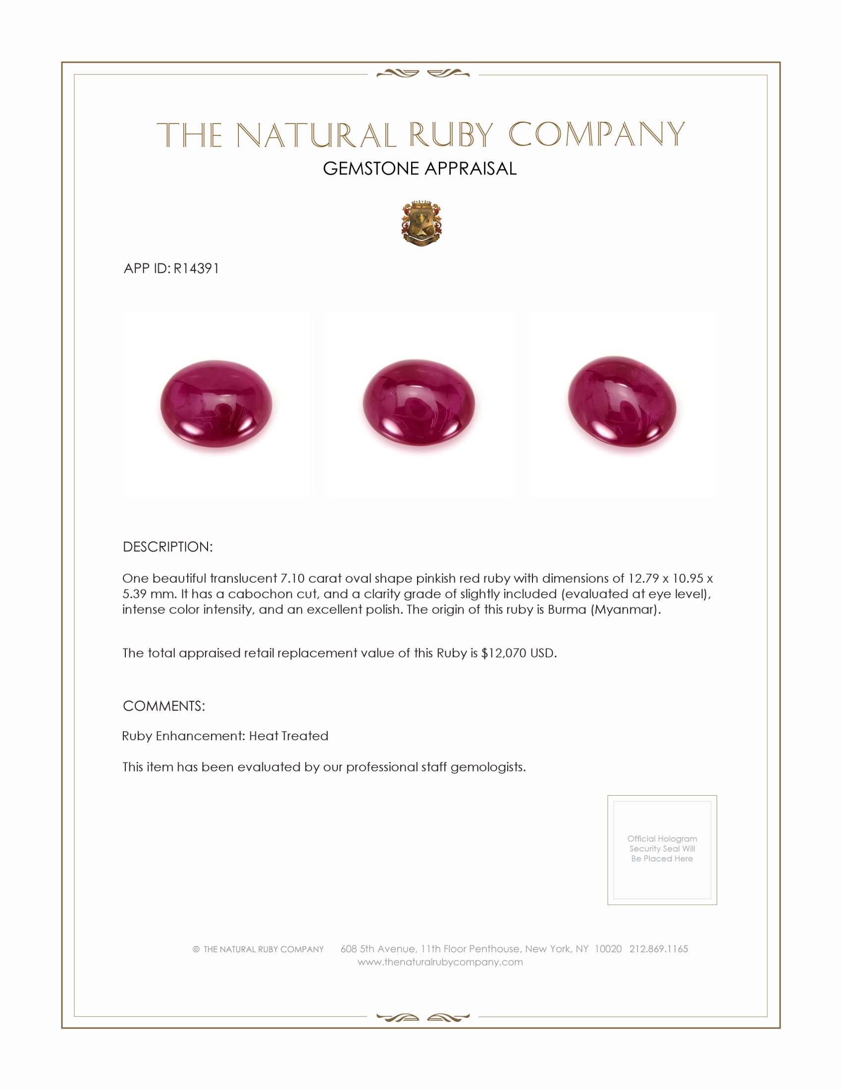 7.10 Ct. Cabochon Ruby from Burma (Myanmar)