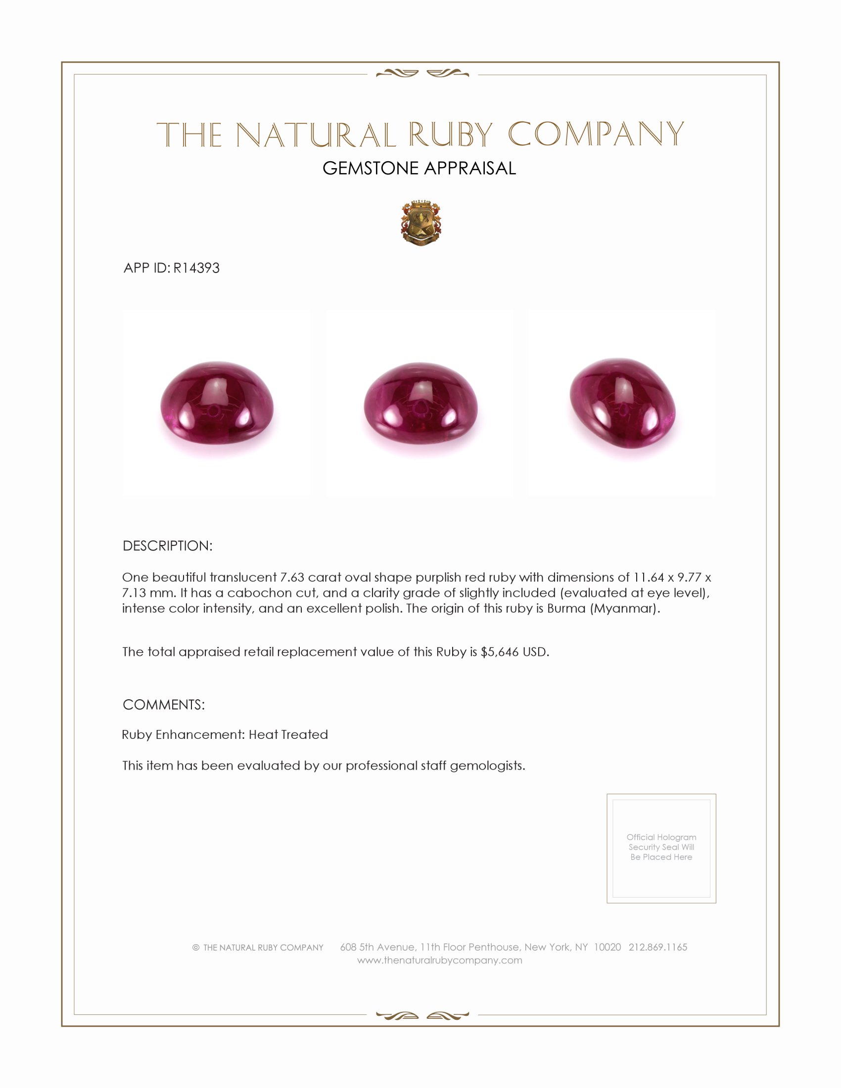 7.63 Ct. Cabochon Ruby from Burma (Myanmar)