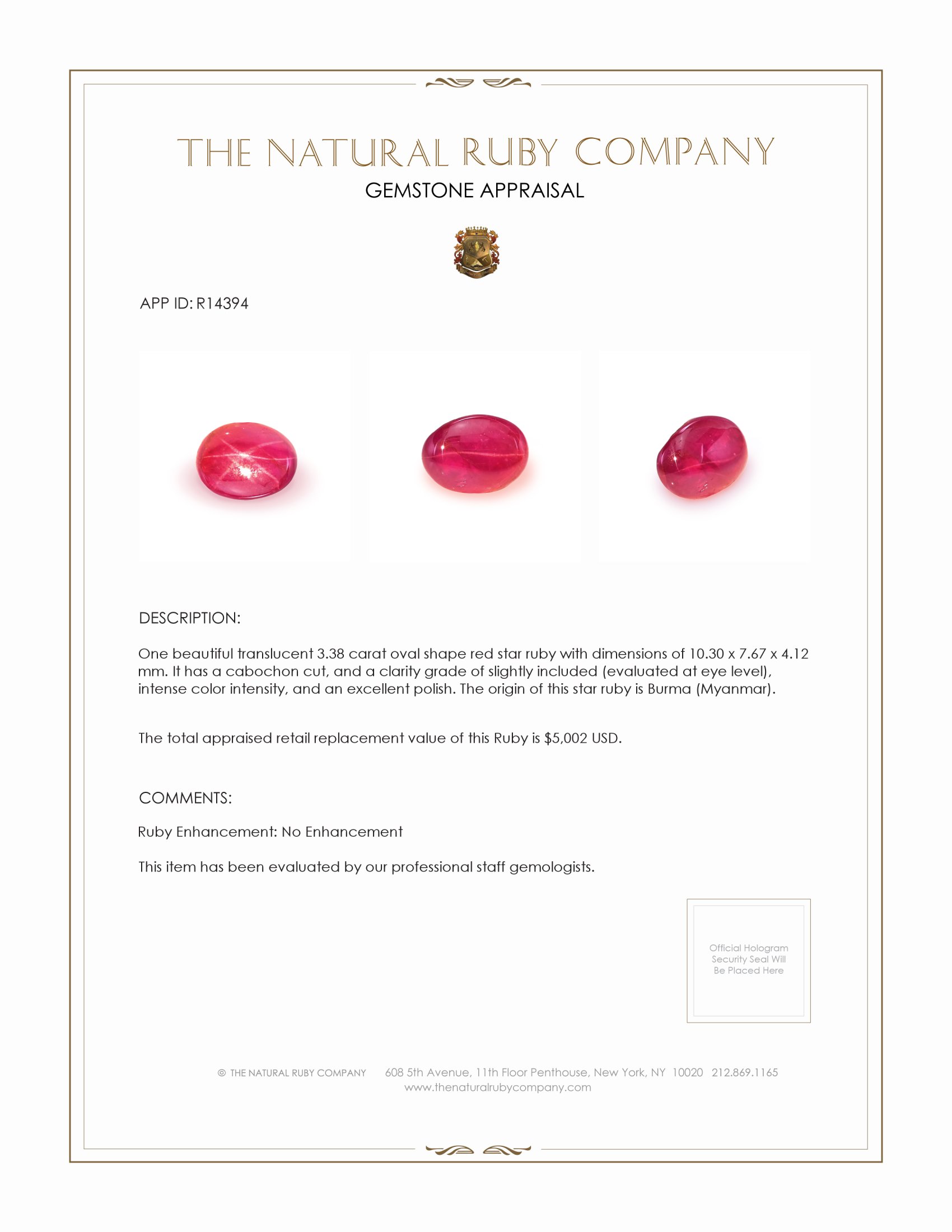 3.38 Ct. Star Ruby from Burma (Myanmar)