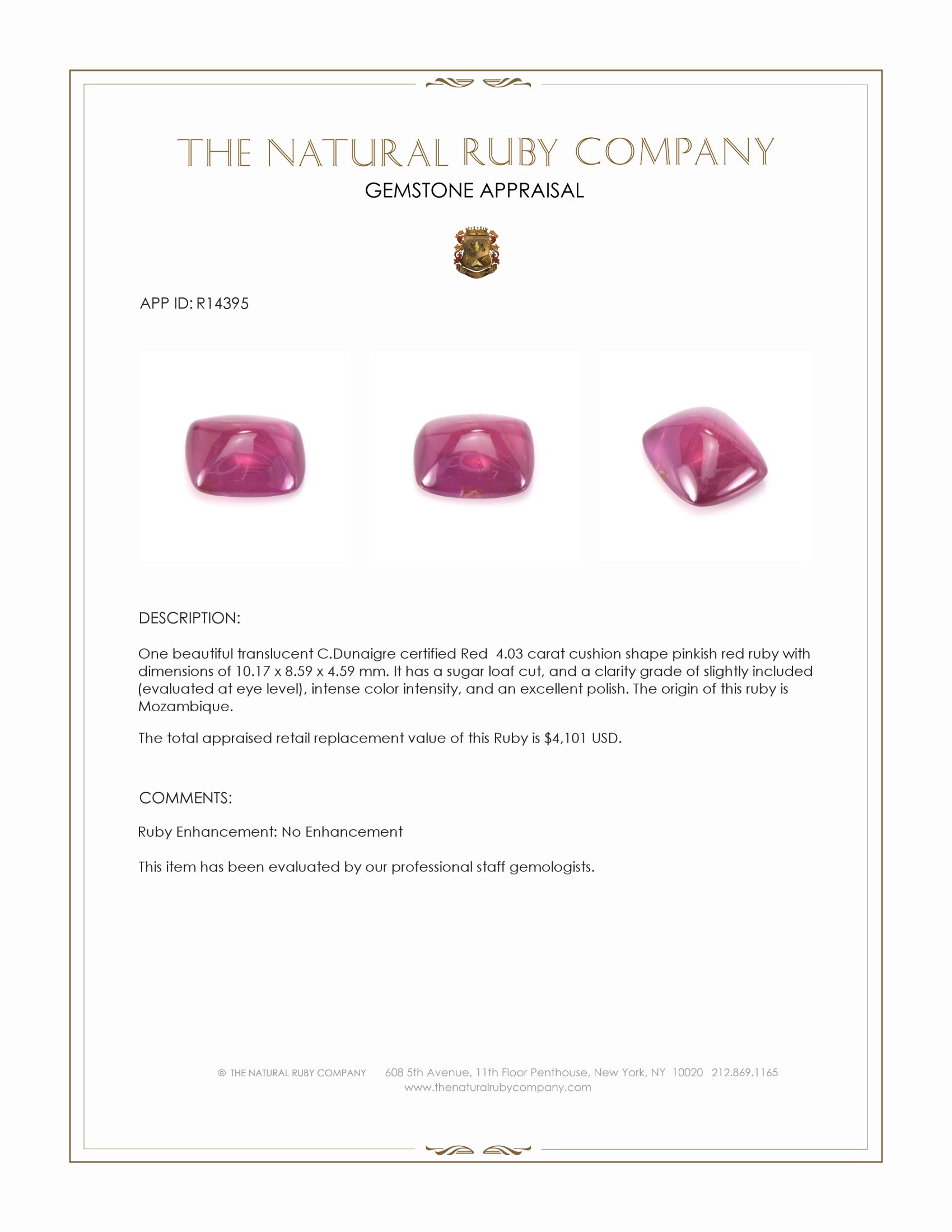 4.03 Ct. Pinkish Red Cabochon Ruby from Mozambique