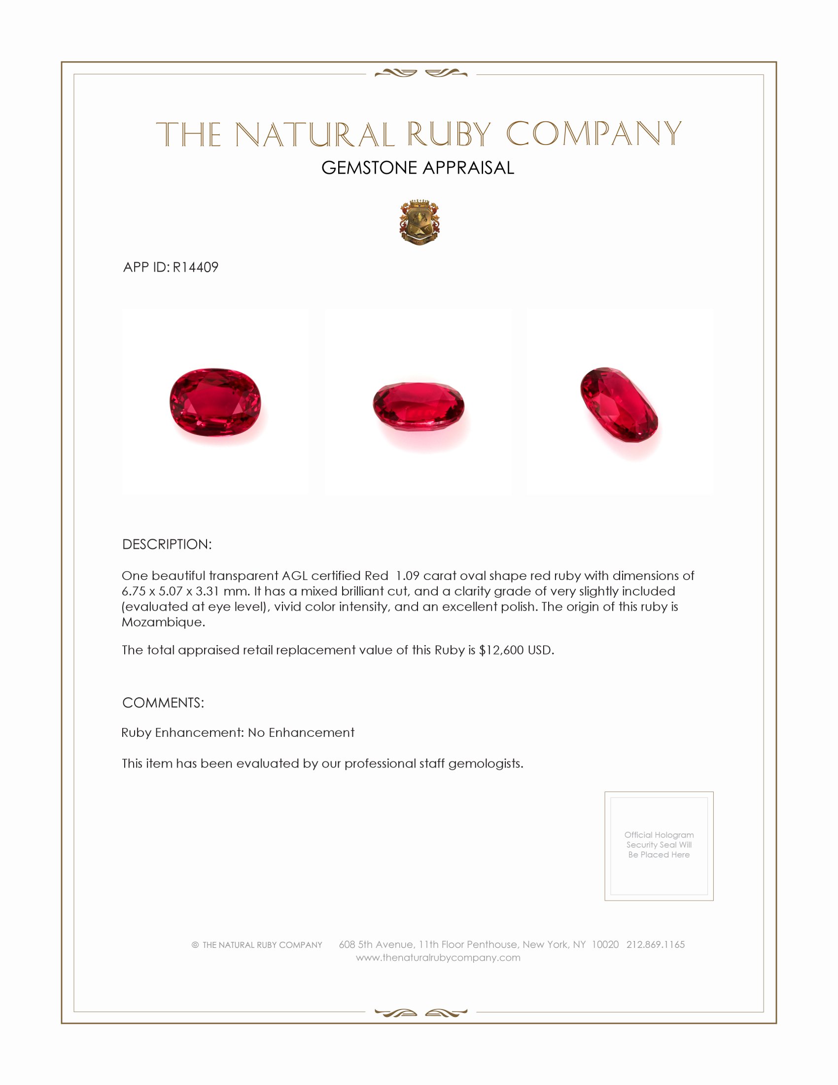 1.09 Ct. Ruby from Mozambique