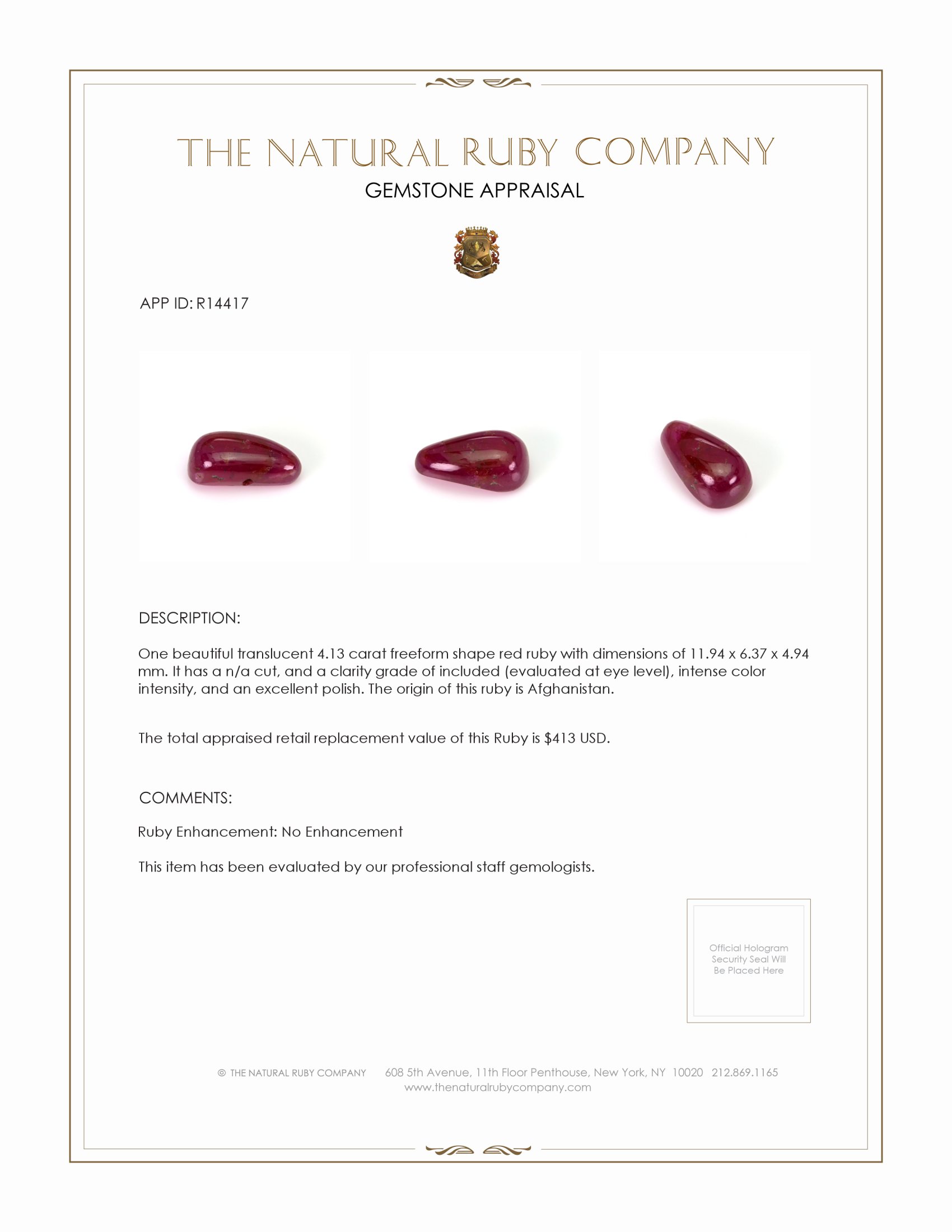 4.13 Ct. Cabochon Ruby from Afghanistan