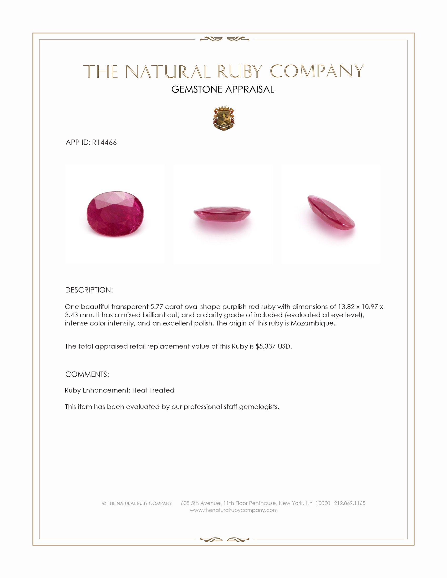 5.77 Ct. Purplish Red Ruby from Mozambique
