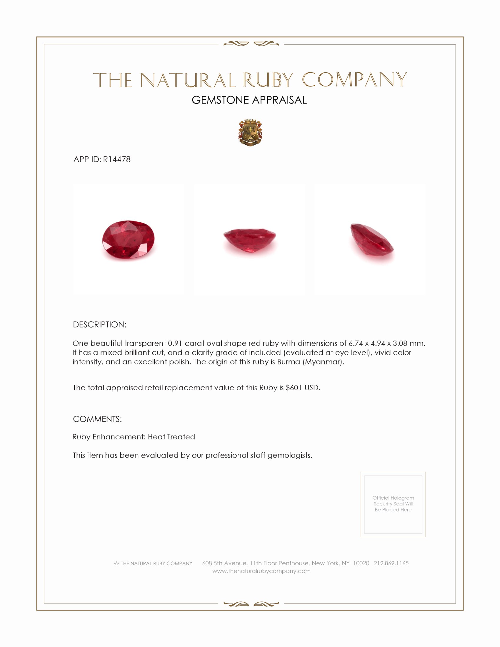 0.91 Ct. Ruby from Burma (Myanmar)