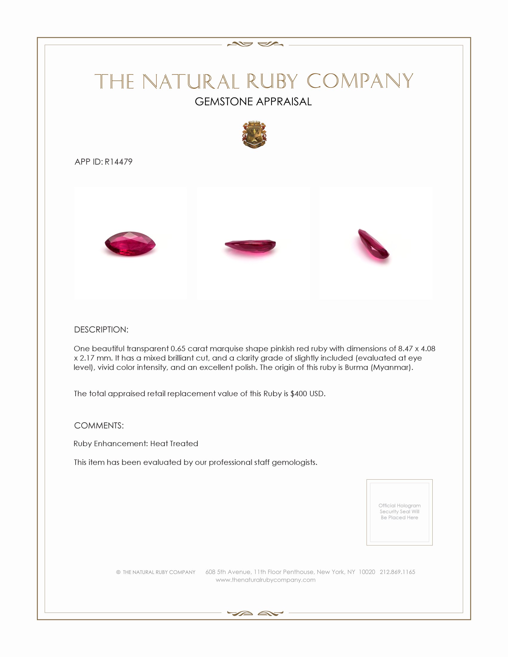 0.65 Ct. Ruby from Burma (Myanmar)
