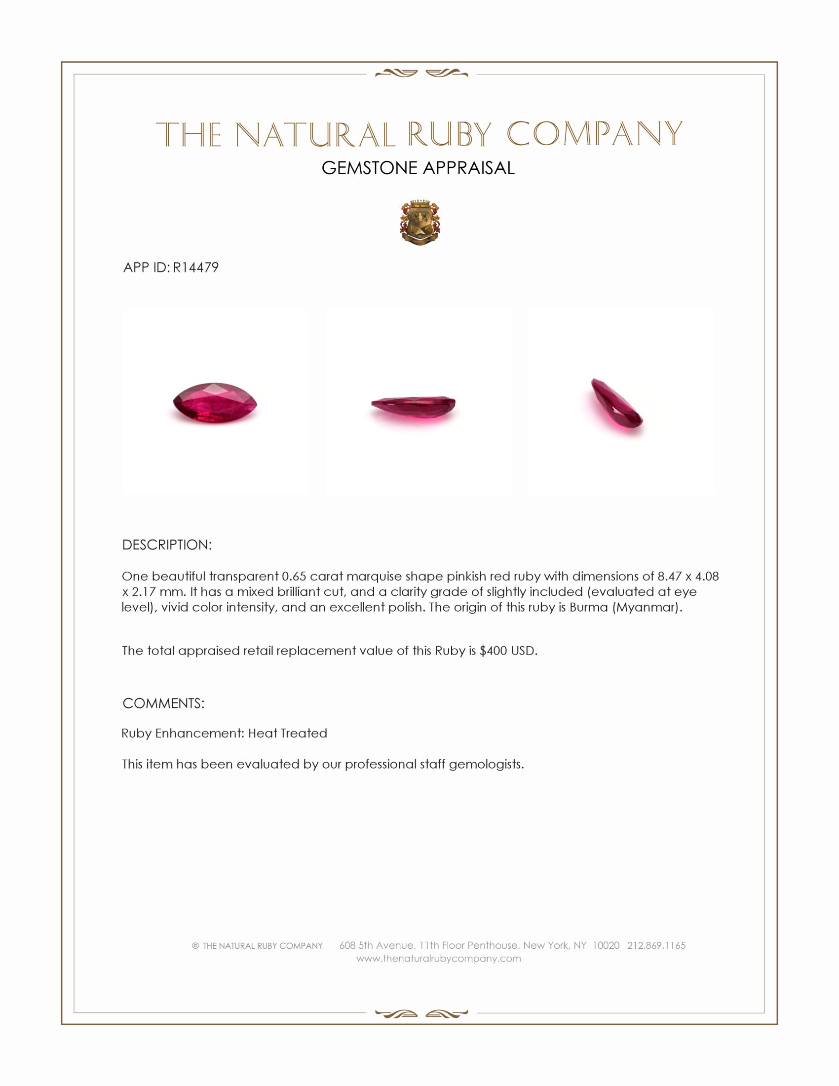 0.65 Ct. Ruby from Burma (Myanmar)