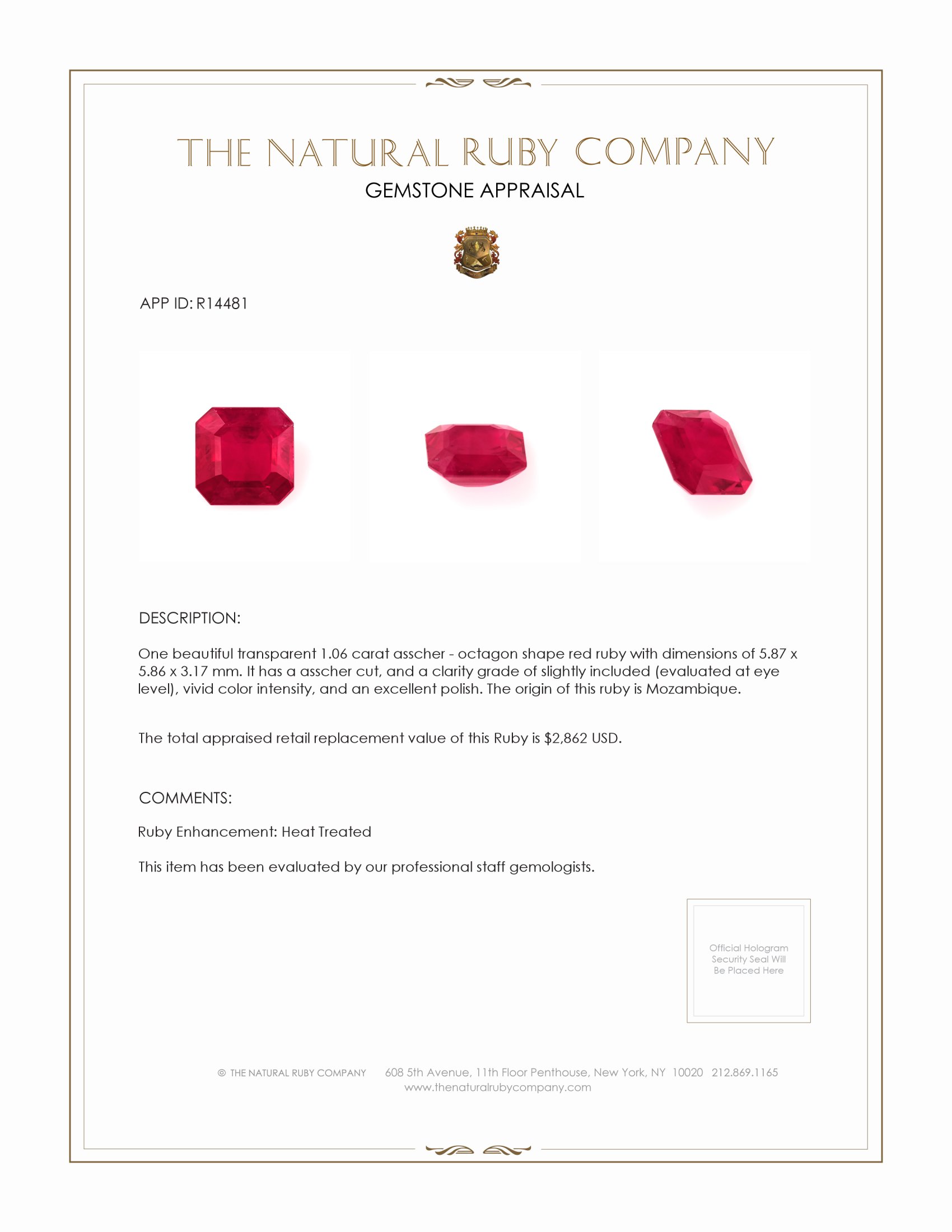 1.06 Ct. Ruby from Mozambique