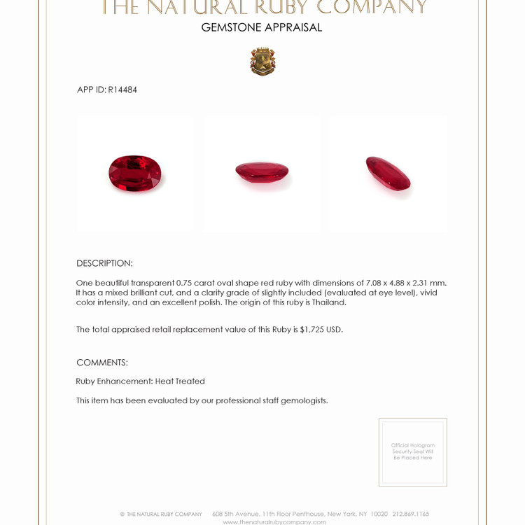 0.75 Ct. Ruby from Thailand