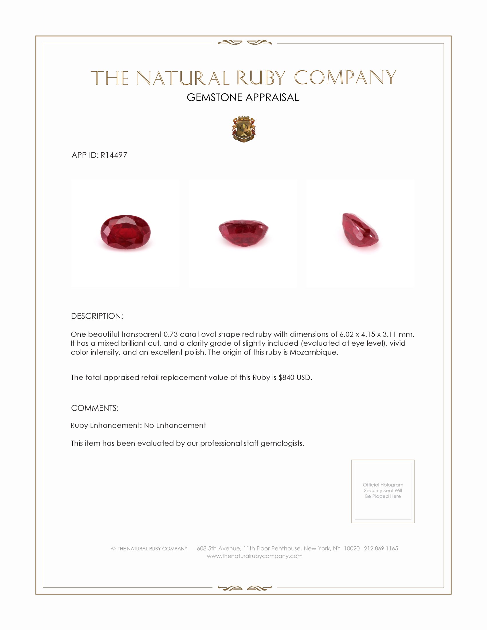 0.73 Ct. Ruby from Mozambique