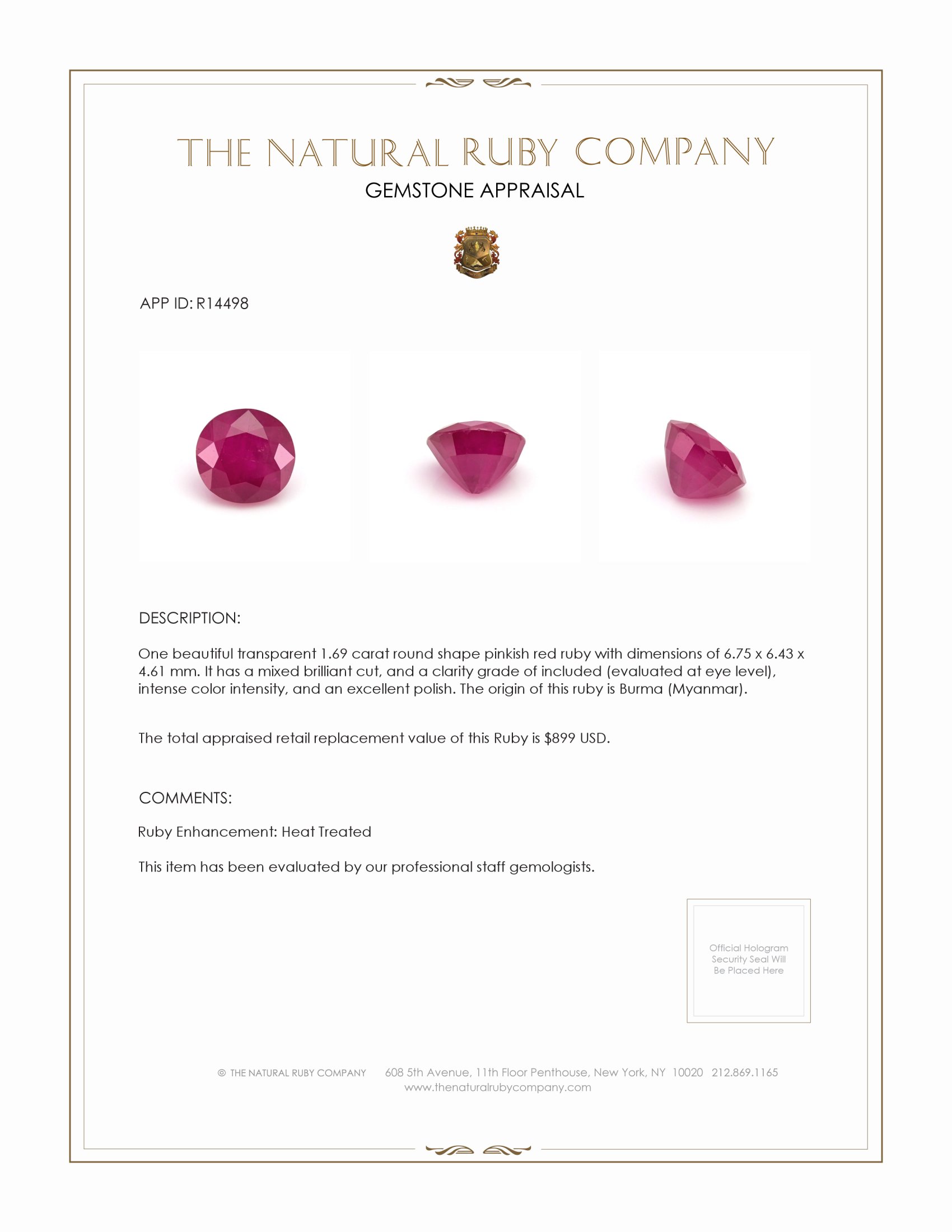 1.69 Ct. Ruby from Burma (Myanmar)