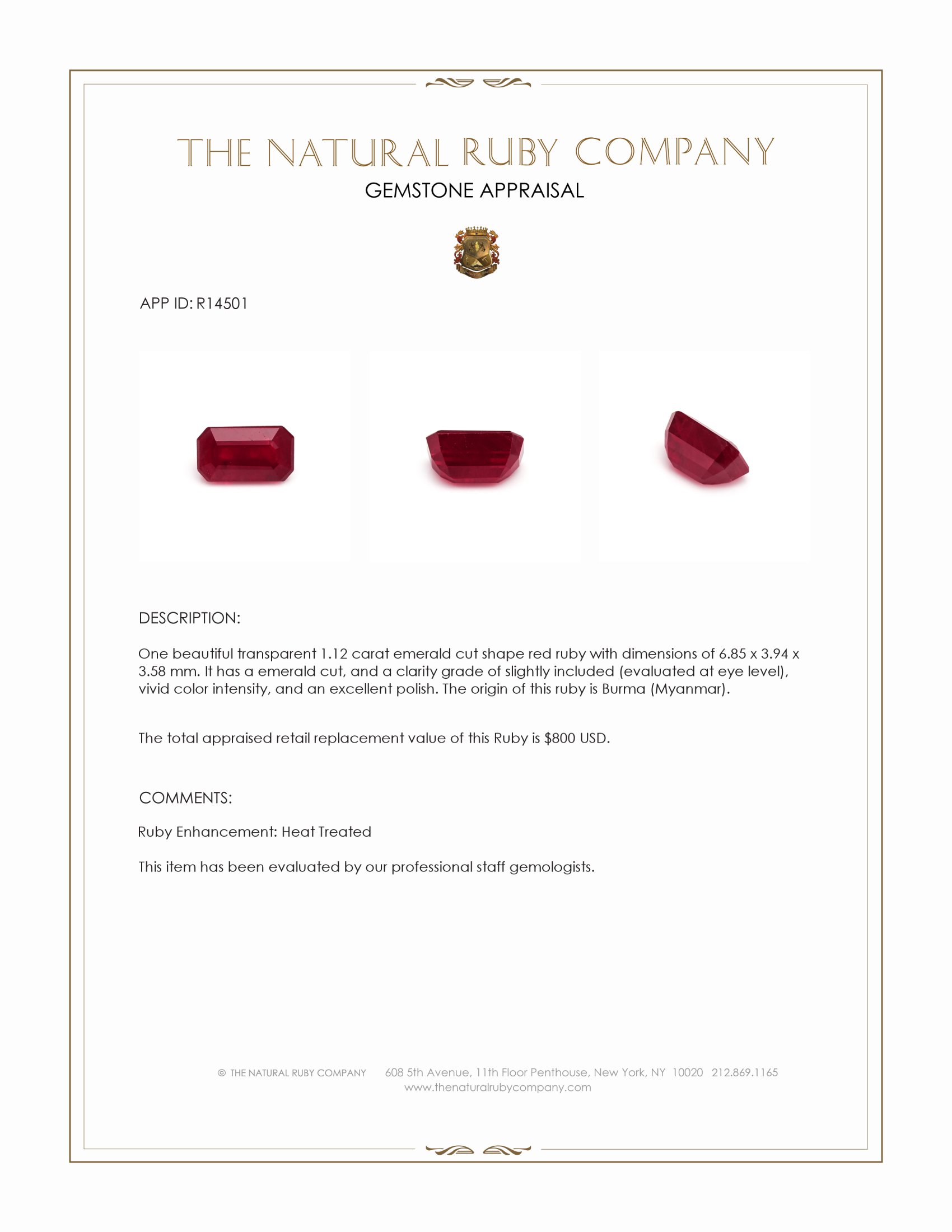 1.12 Ct. Ruby from Burma (Myanmar)