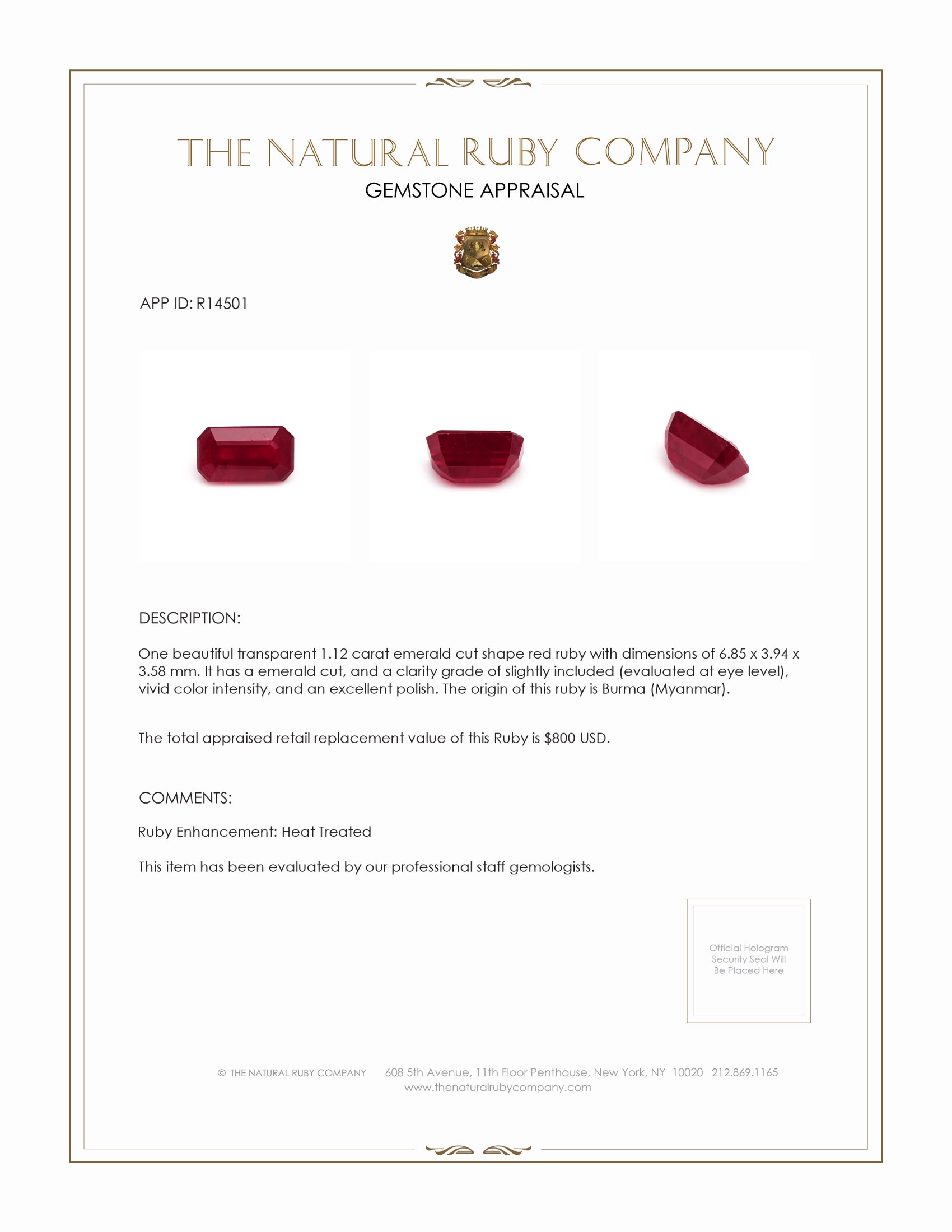 1.12 Ct. Ruby from Burma (Myanmar)