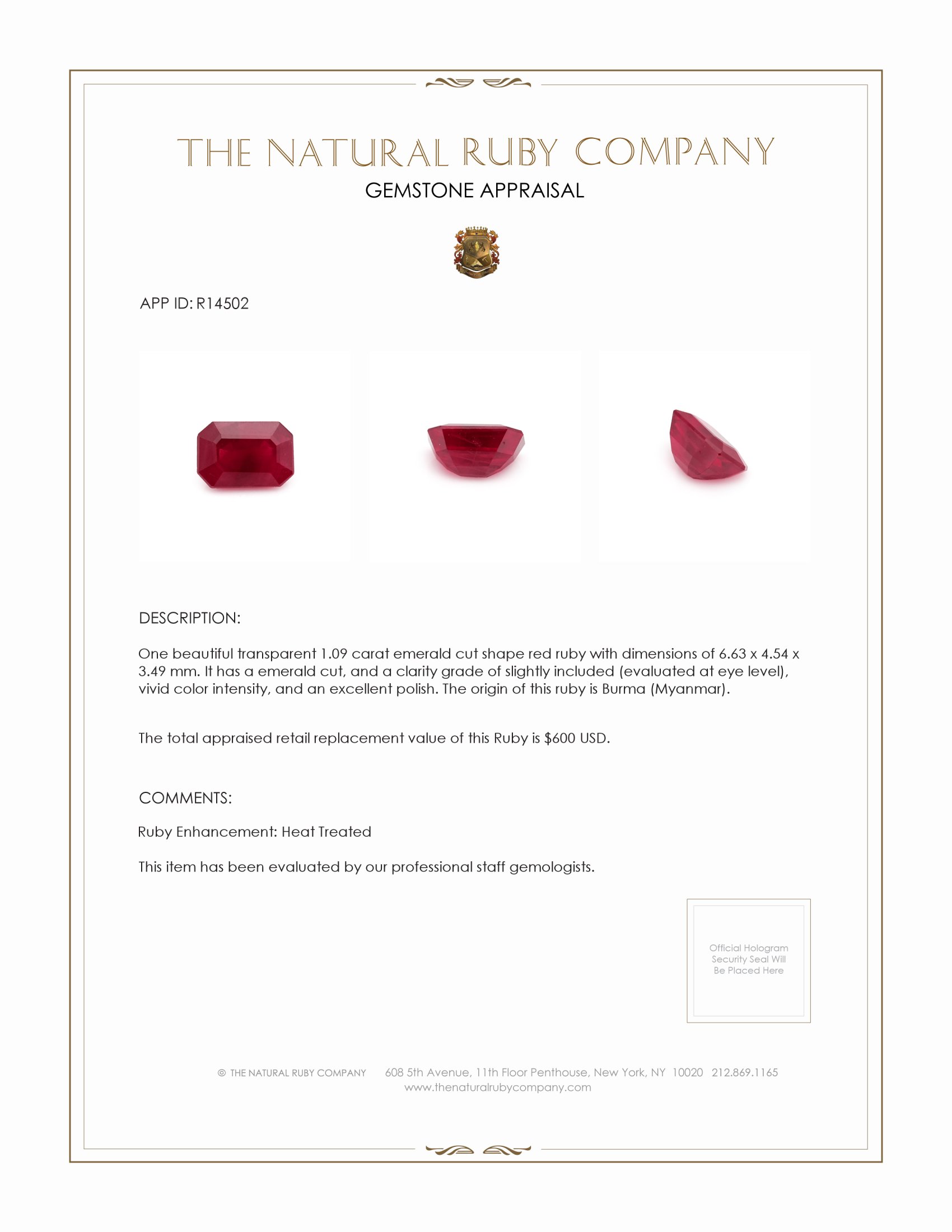 1.09 Ct. Ruby from Burma (Myanmar)