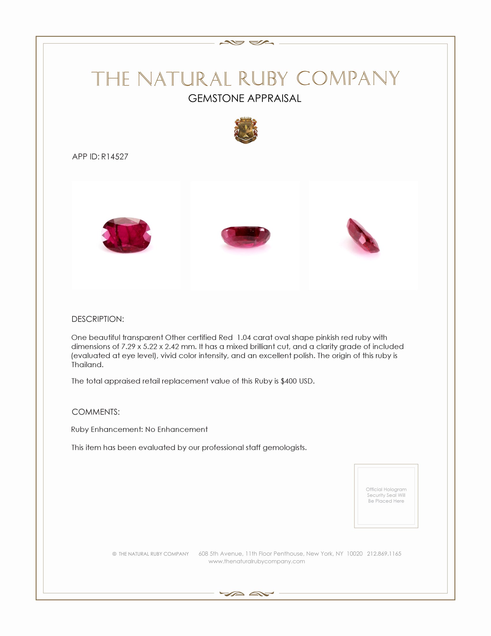 1.04 Ct. Ruby from Thailand