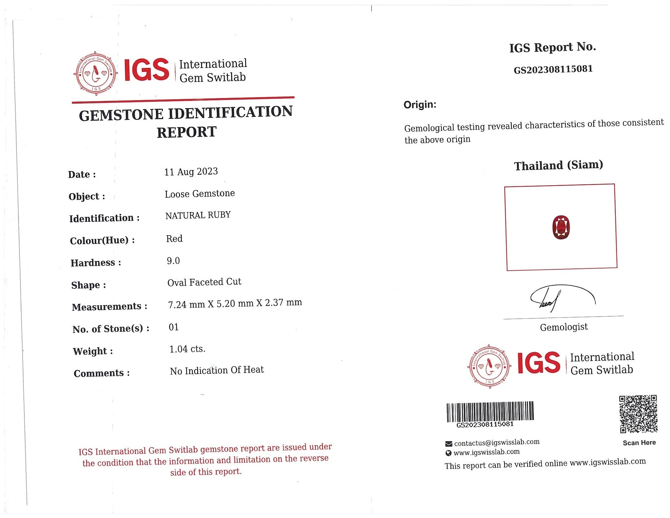 1.04 Ct. Ruby from Thailand