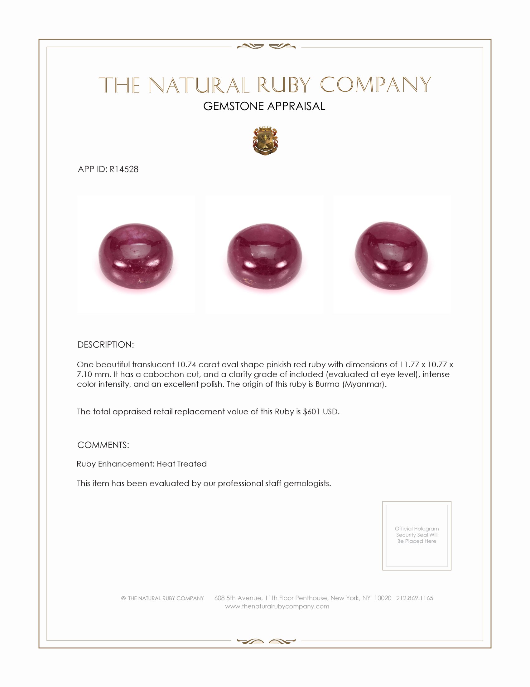 10.74 Ct. Cabochon Ruby from Burma (Myanmar)