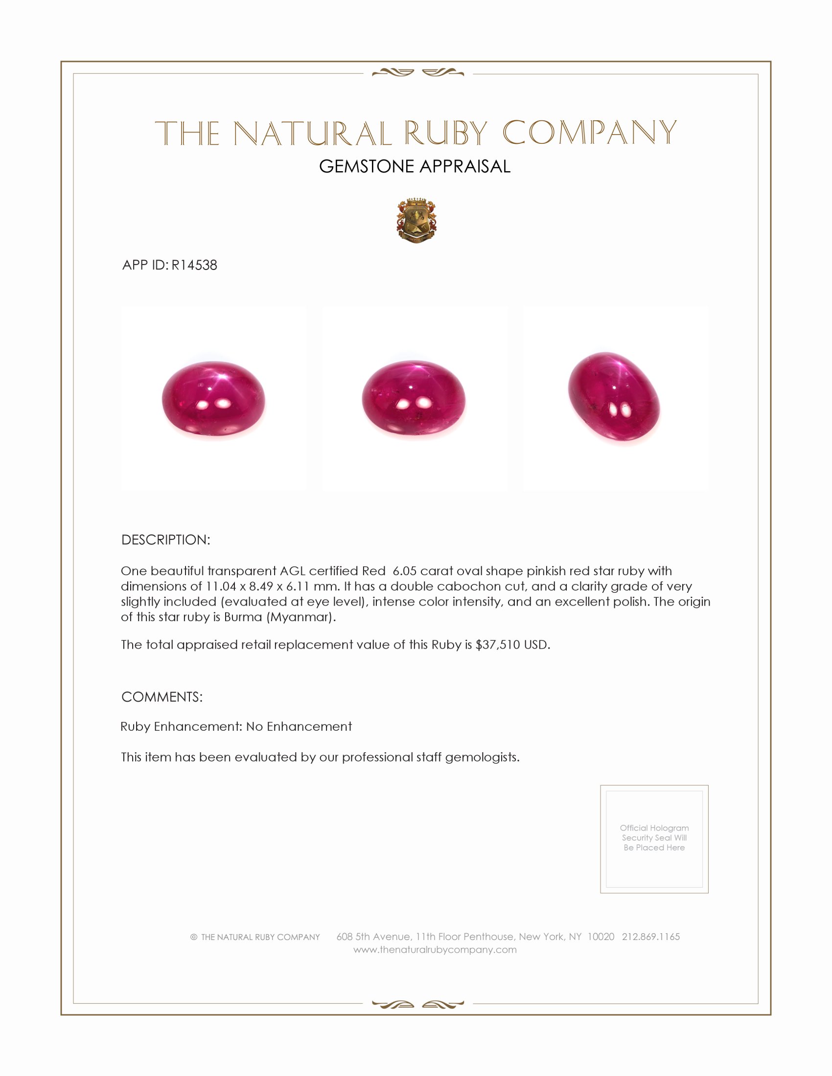 6.05 Ct. Pinkish Red Star Ruby from Burma (Myanmar)