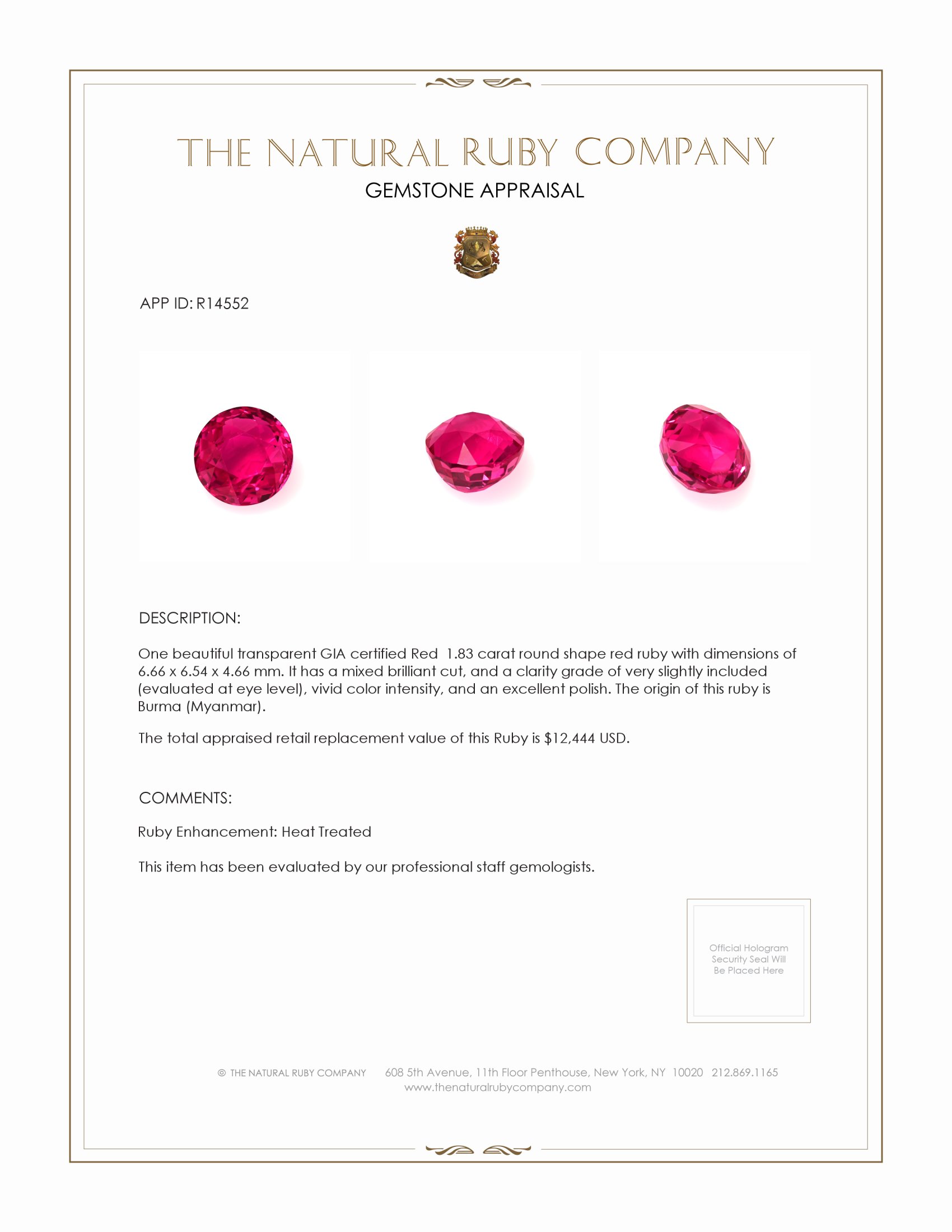 1.83 Ct. Ruby from Burma (Myanmar)