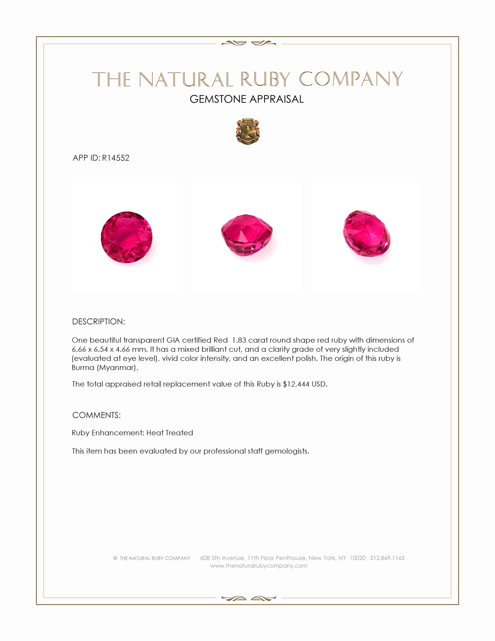 1.83 Ct. Ruby from Burma (Myanmar)