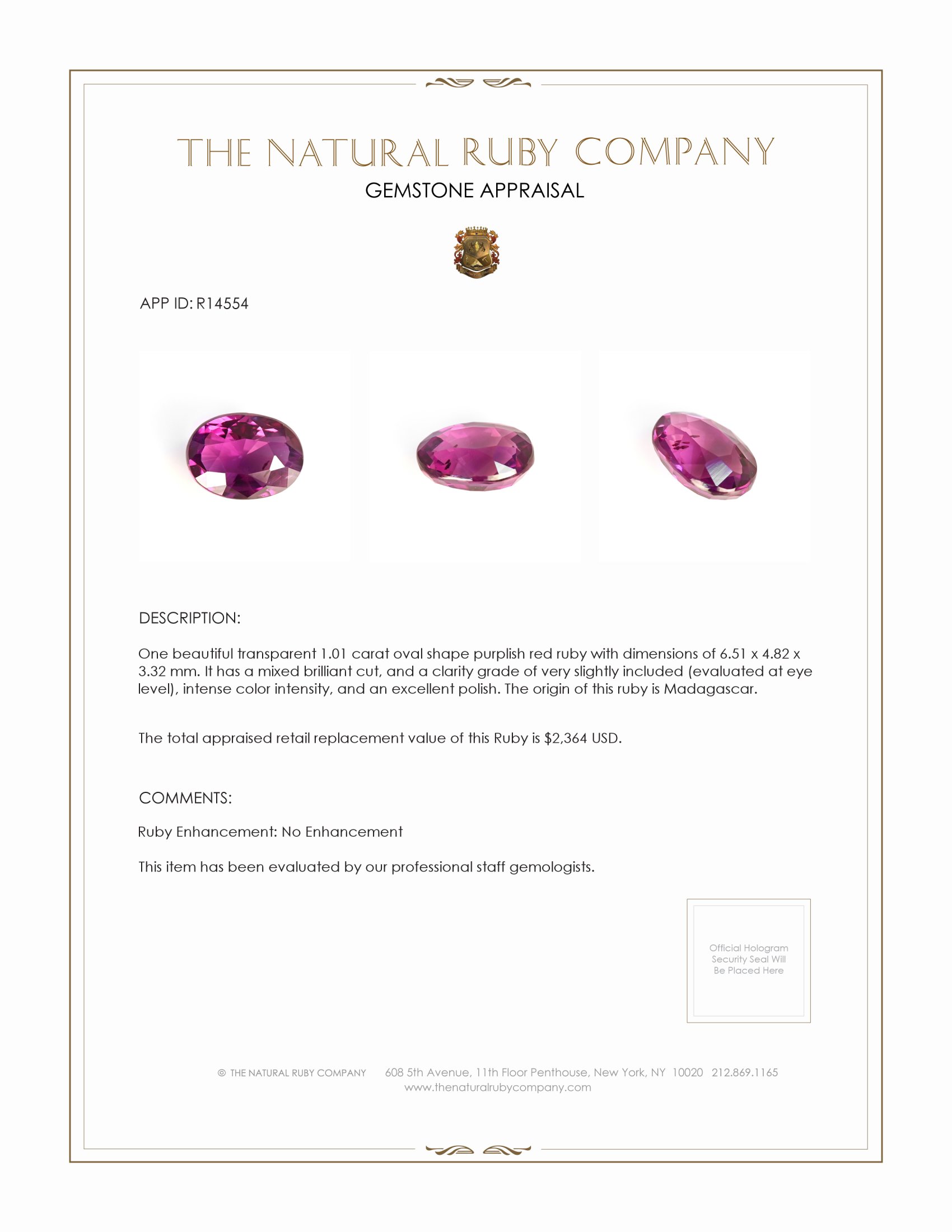 1.01 Ct. Purplish Red Ruby from Madagascar