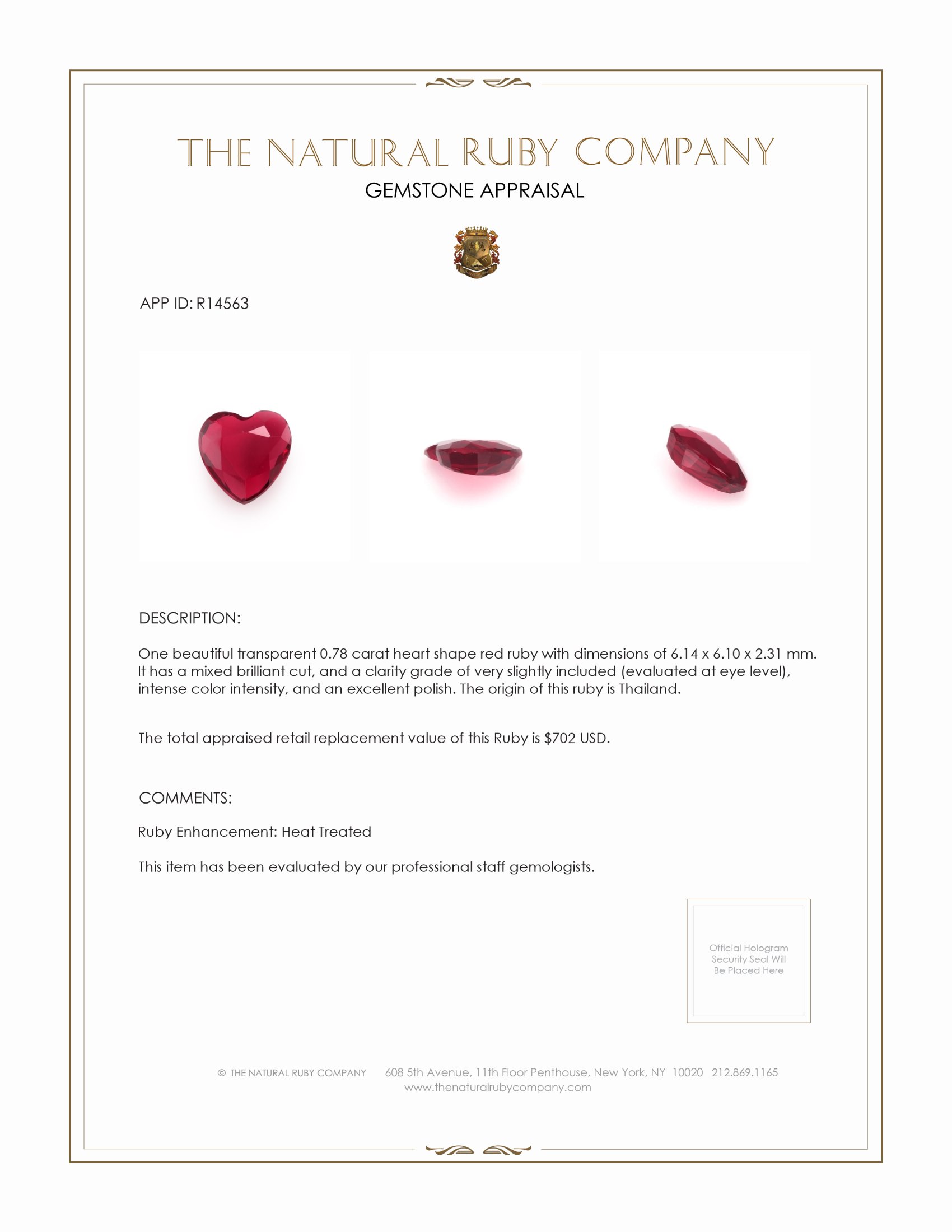 0.78 Ct. Ruby from Thailand