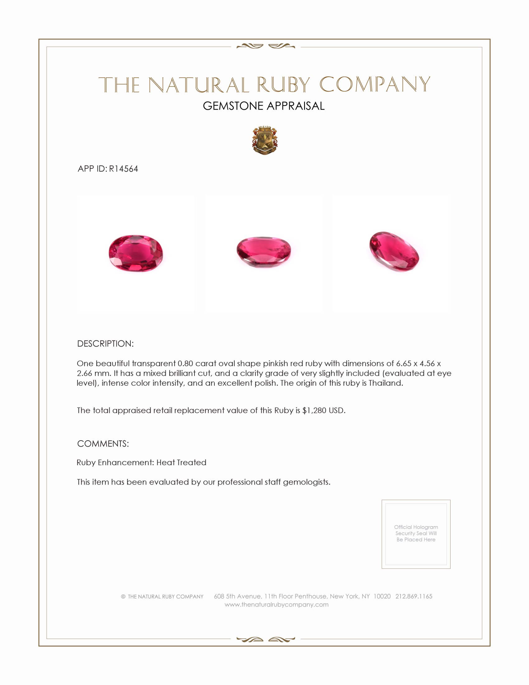 0.80 Ct. Pinkish Red Ruby from Thailand