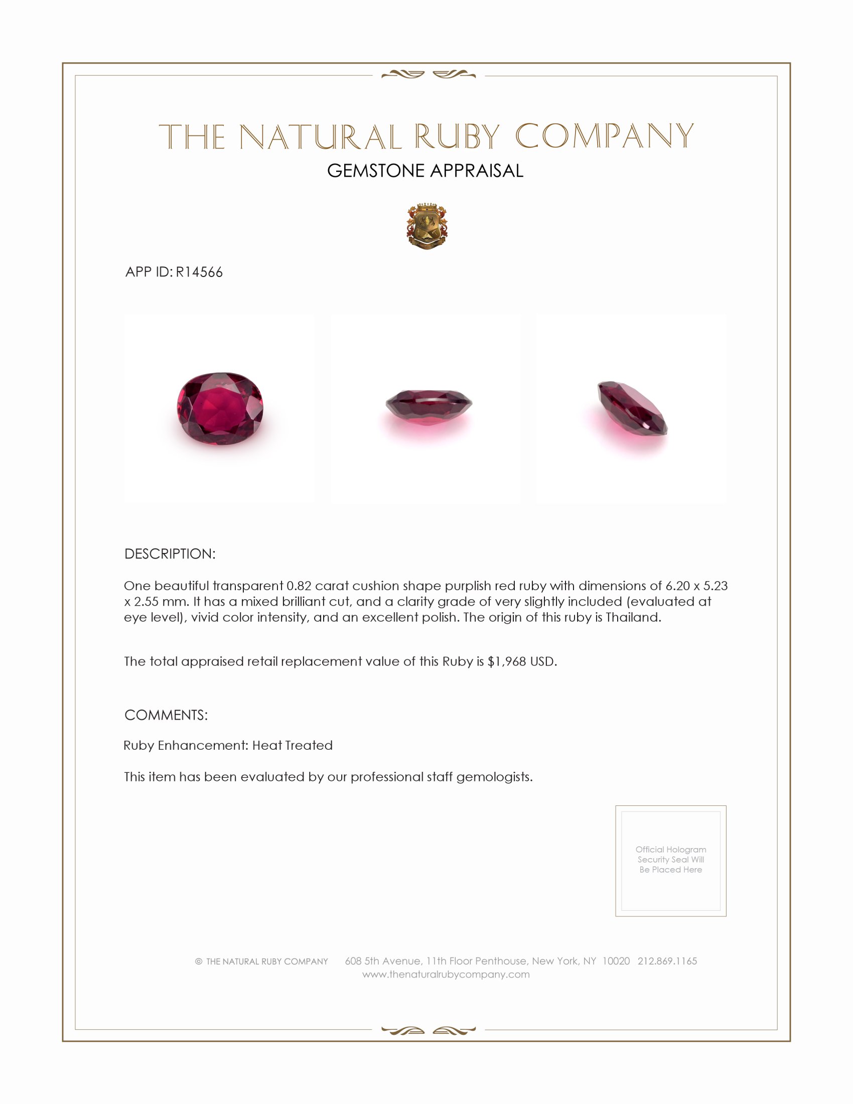 0.82 Ct. Ruby from Thailand