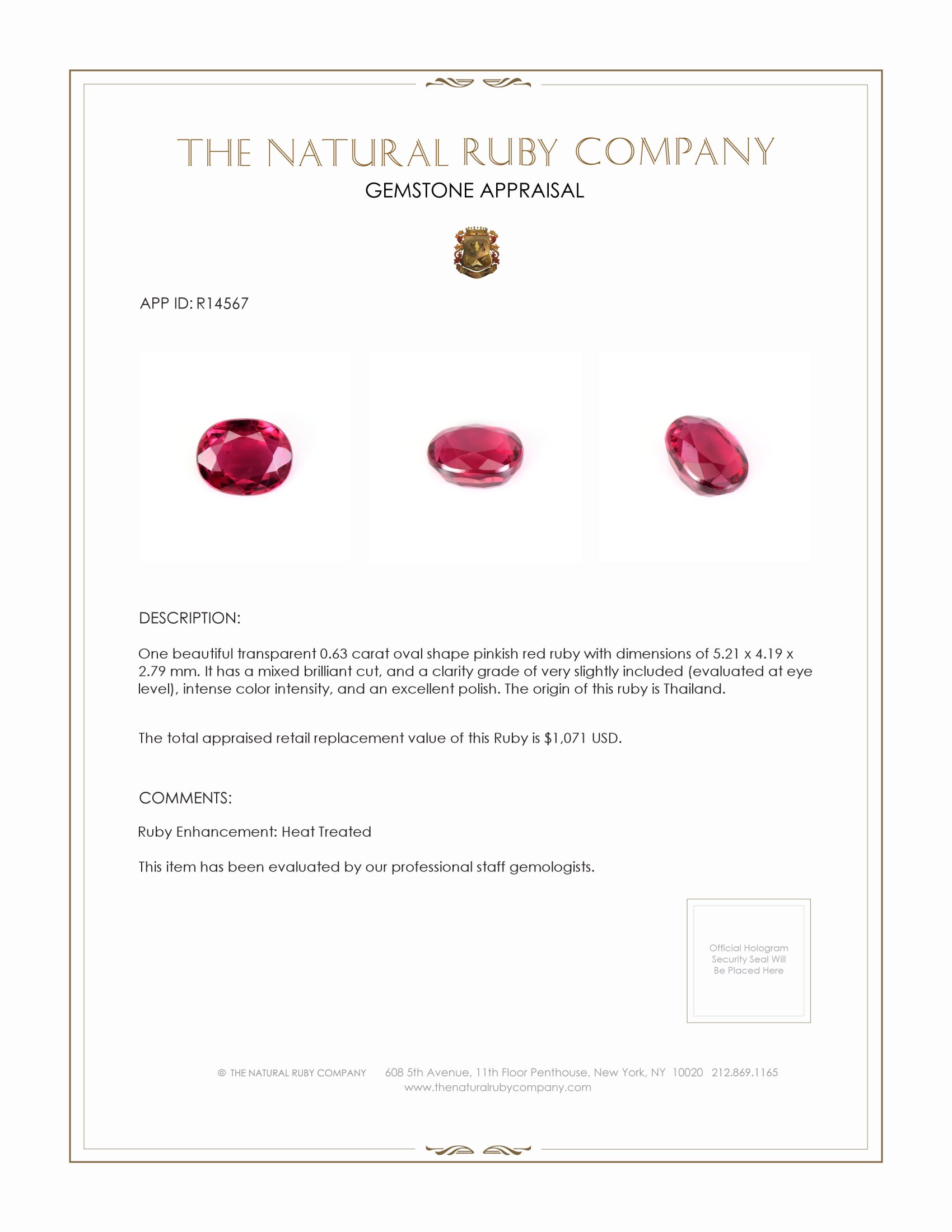 0.63 Ct. Pinkish Red Ruby from Thailand
