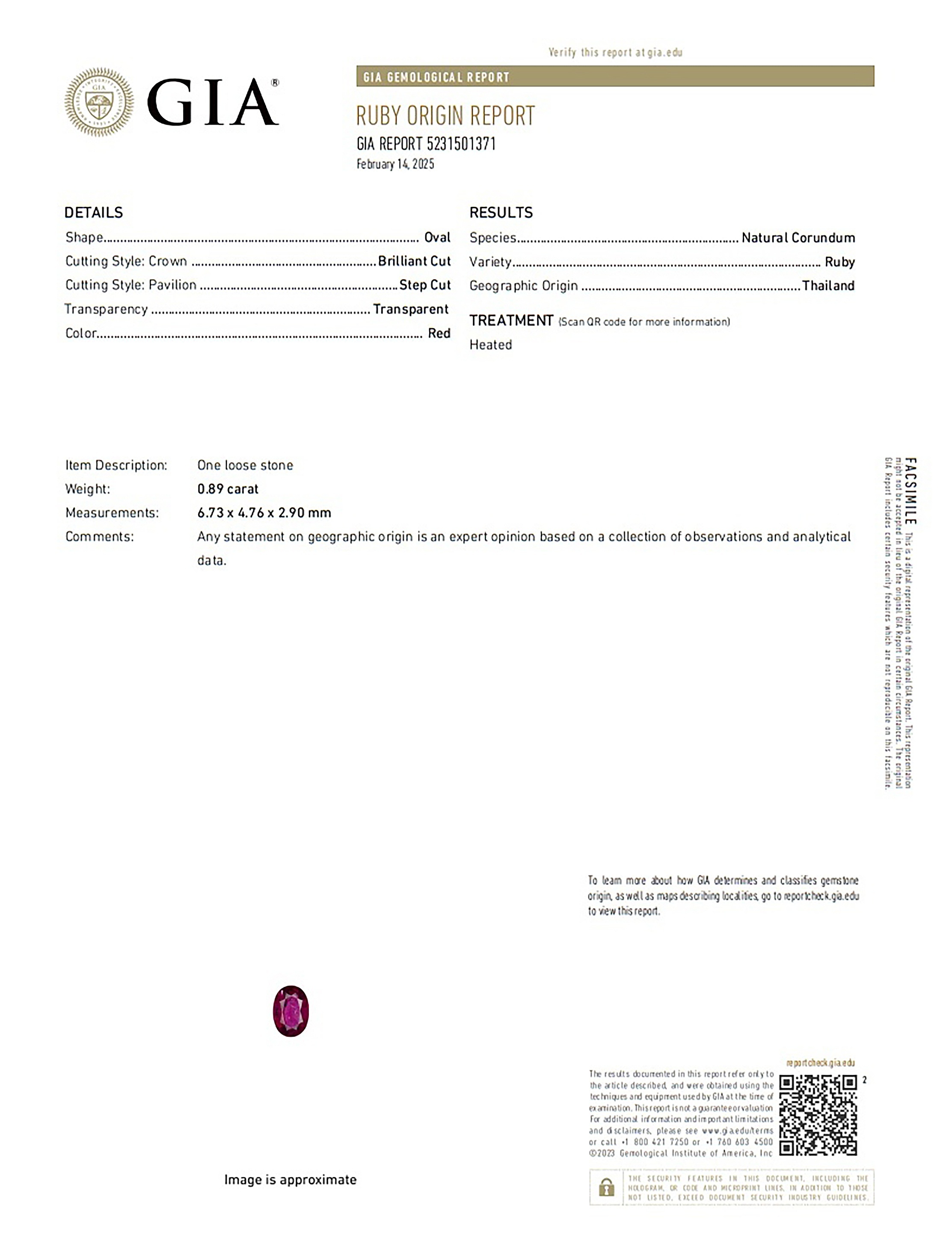 0.89 Ct. Ruby from Thailand